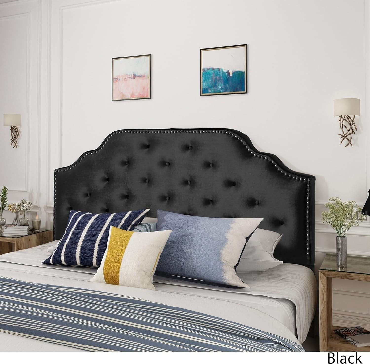 Contemporary Black Velvet Headboard with Button Tufted Design