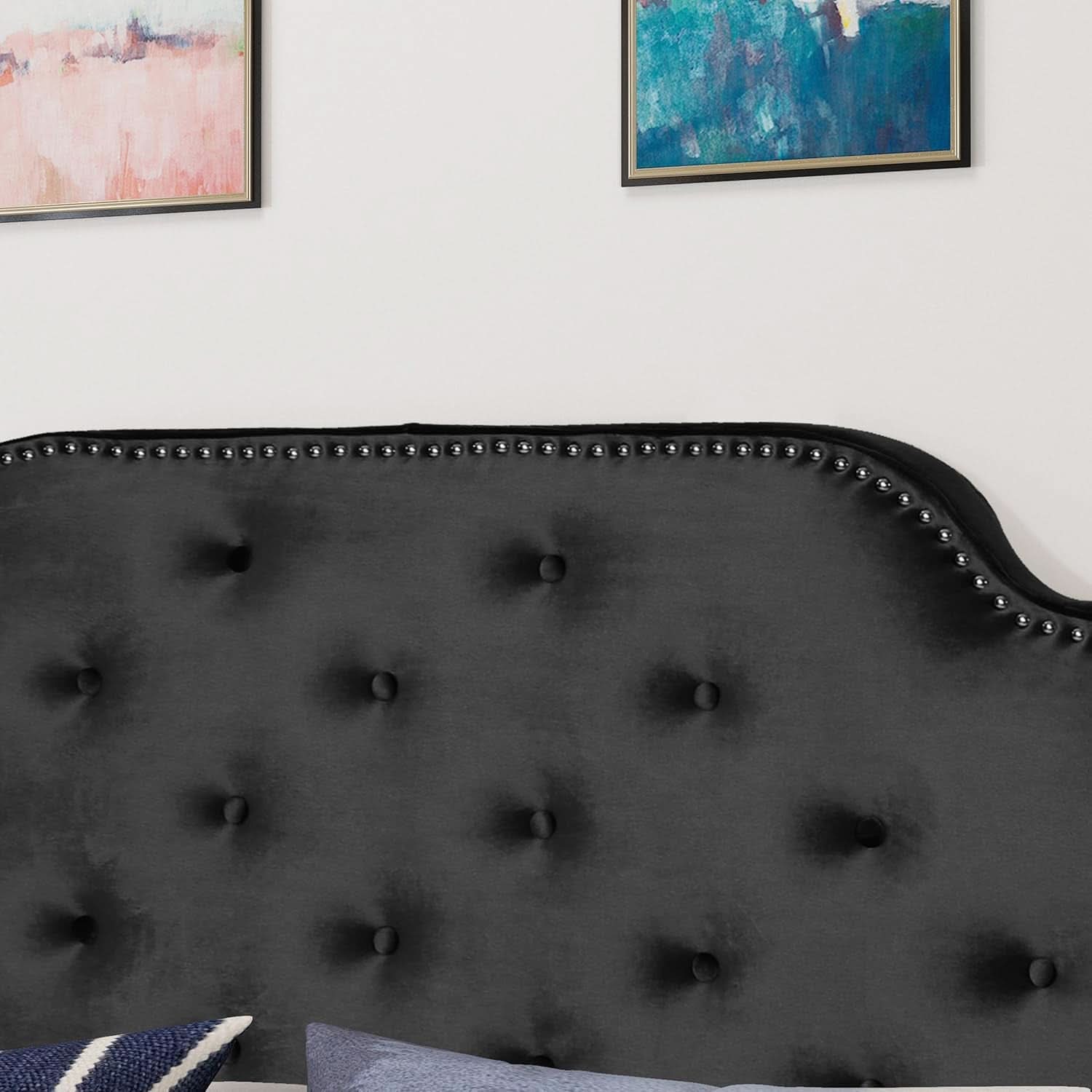 Contemporary Black Velvet Headboard with Button Tufted Design