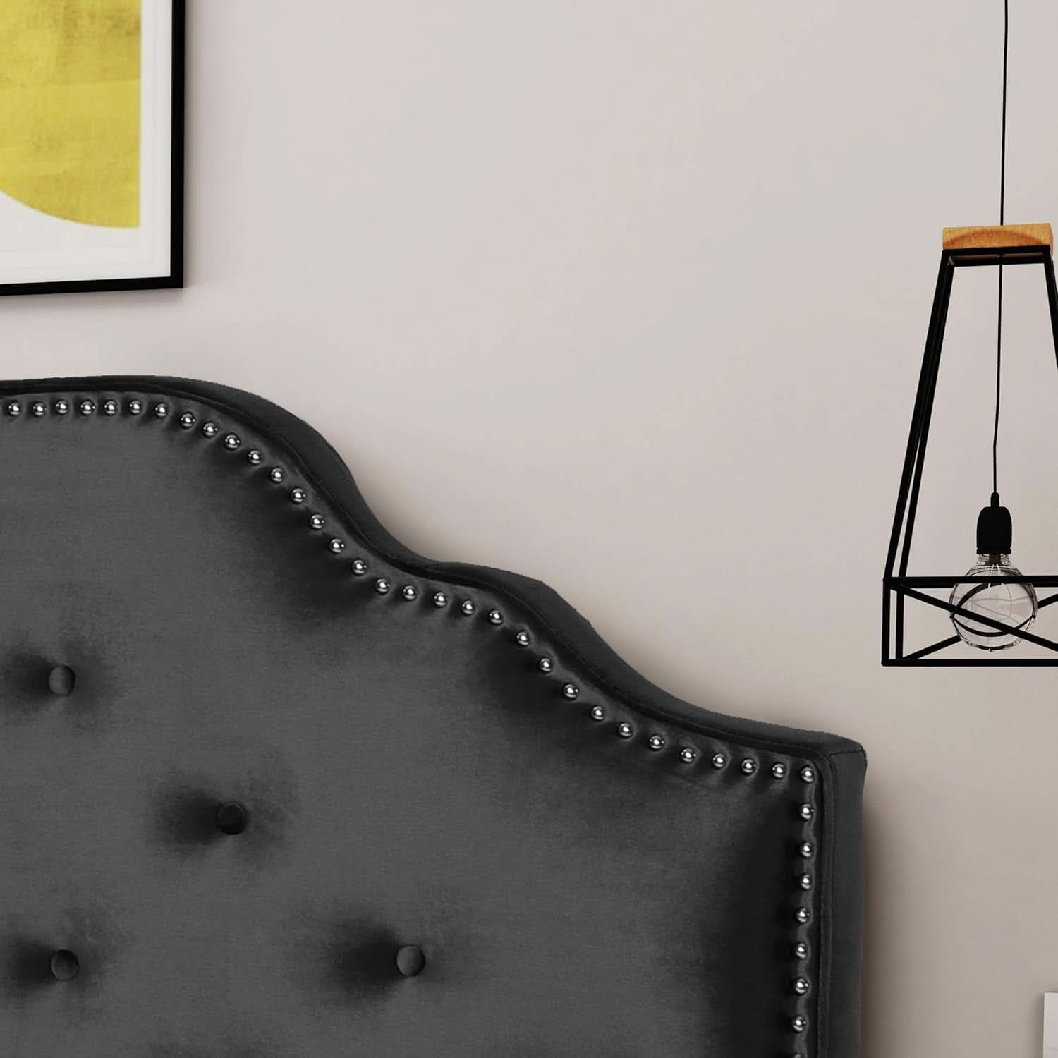 Contemporary Black Velvet Headboard with Button Tufted Design