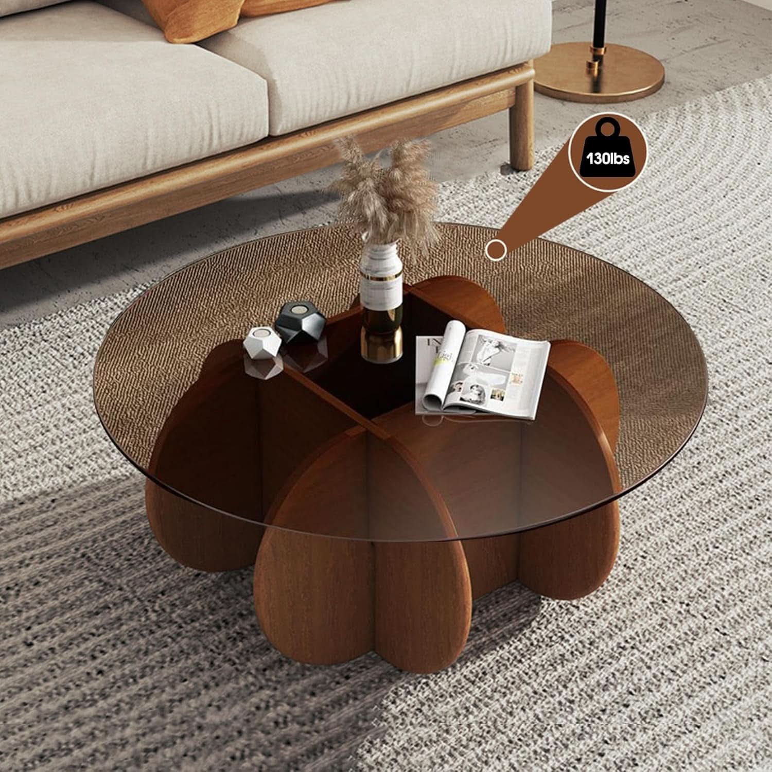 Contemporary Circular Glass Coffee Table Wooden Legs
