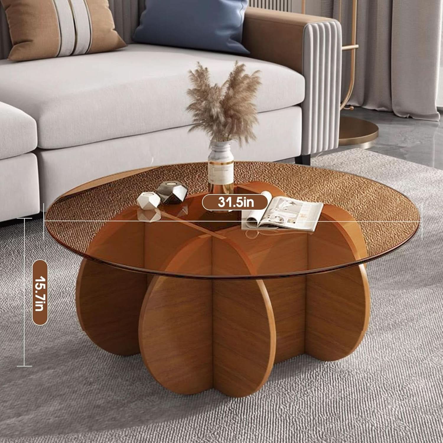 Contemporary Circular Glass Coffee Table Wooden Legs