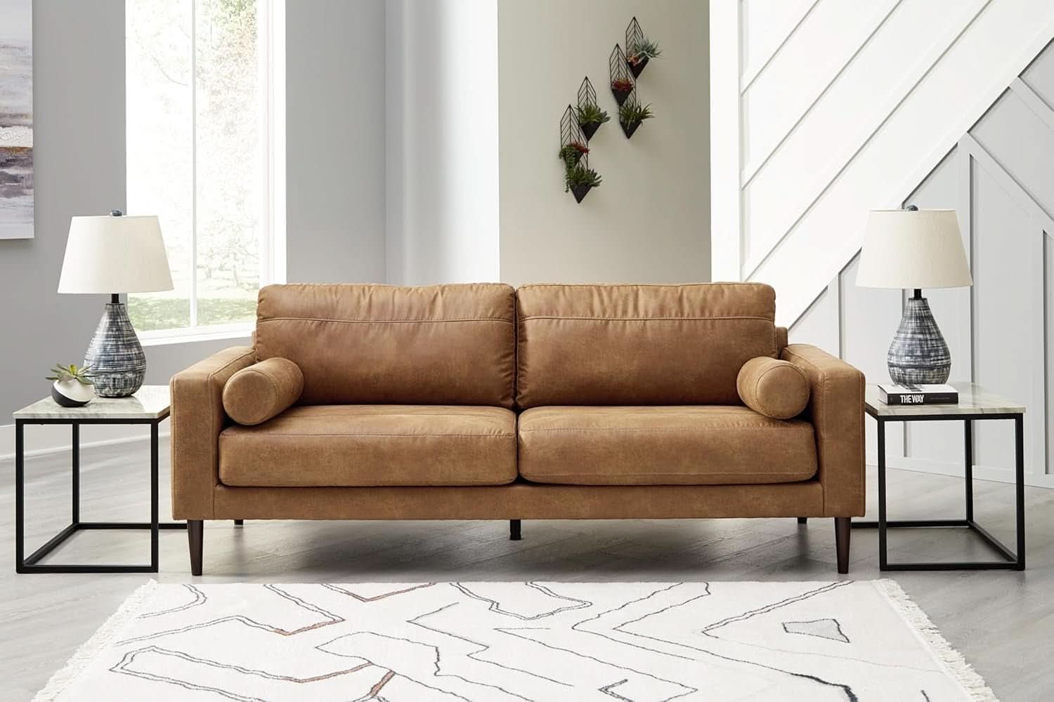 Contemporary Dark Brown Faux Leather Sofa with Pillows