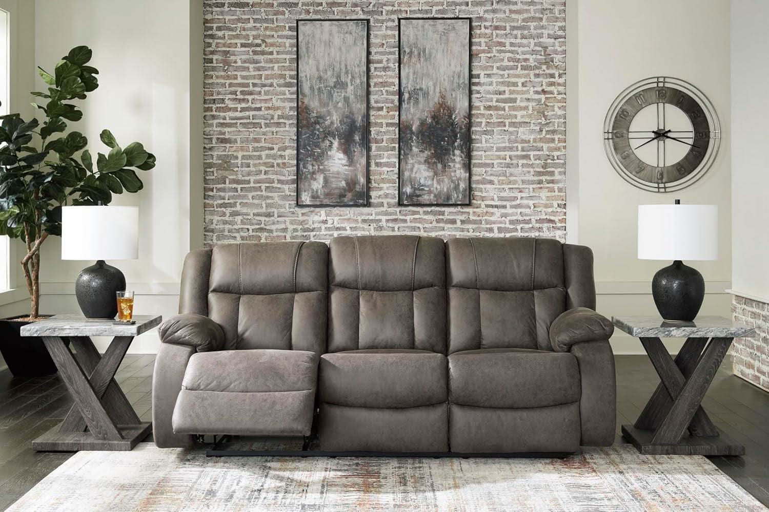 Contemporary Gray Faux Leather Manual Reclining Sofa