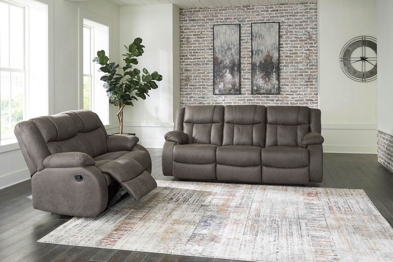 Contemporary Gray Faux Leather Manual Reclining Sofa