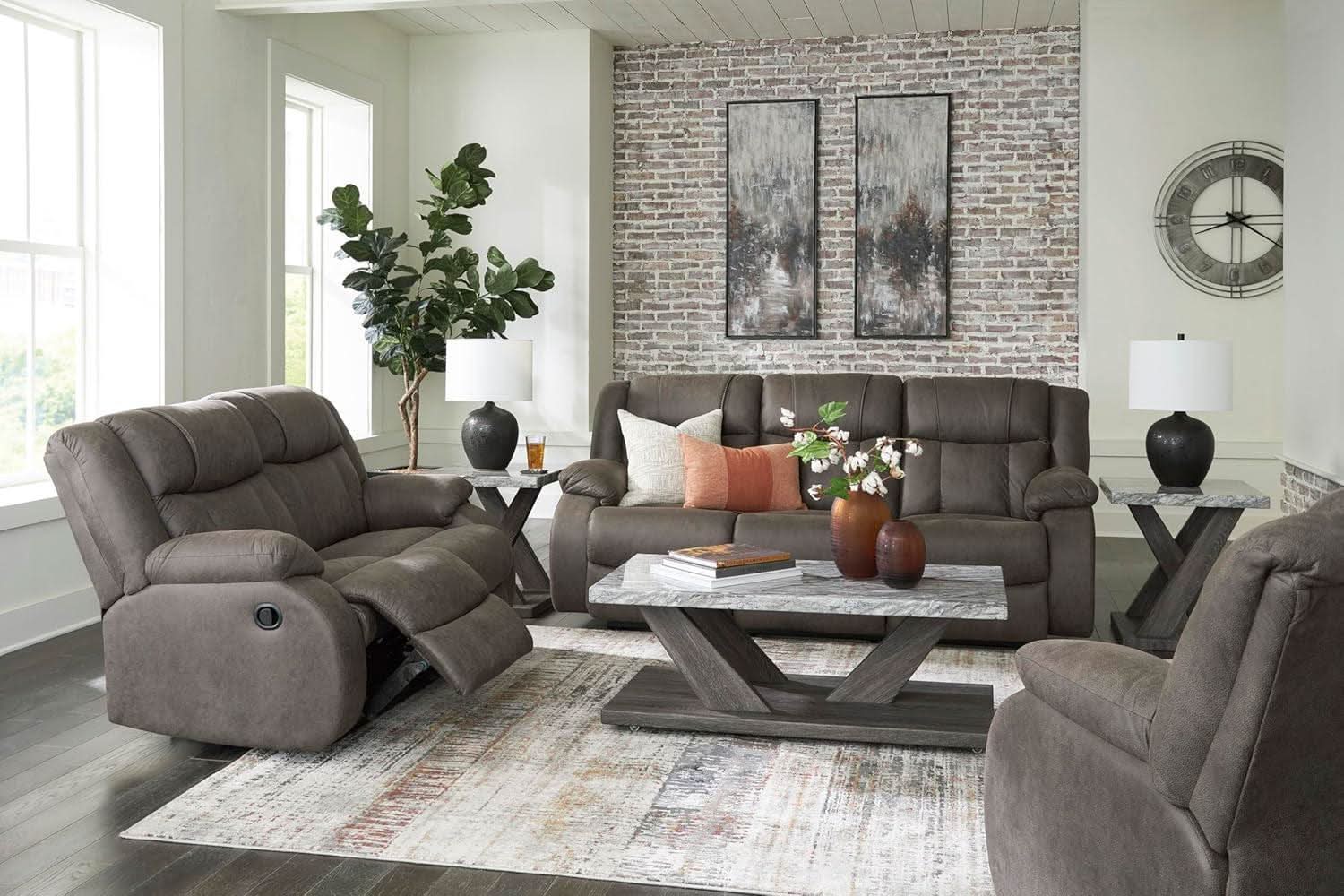Contemporary Gray Faux Leather Manual Reclining Sofa