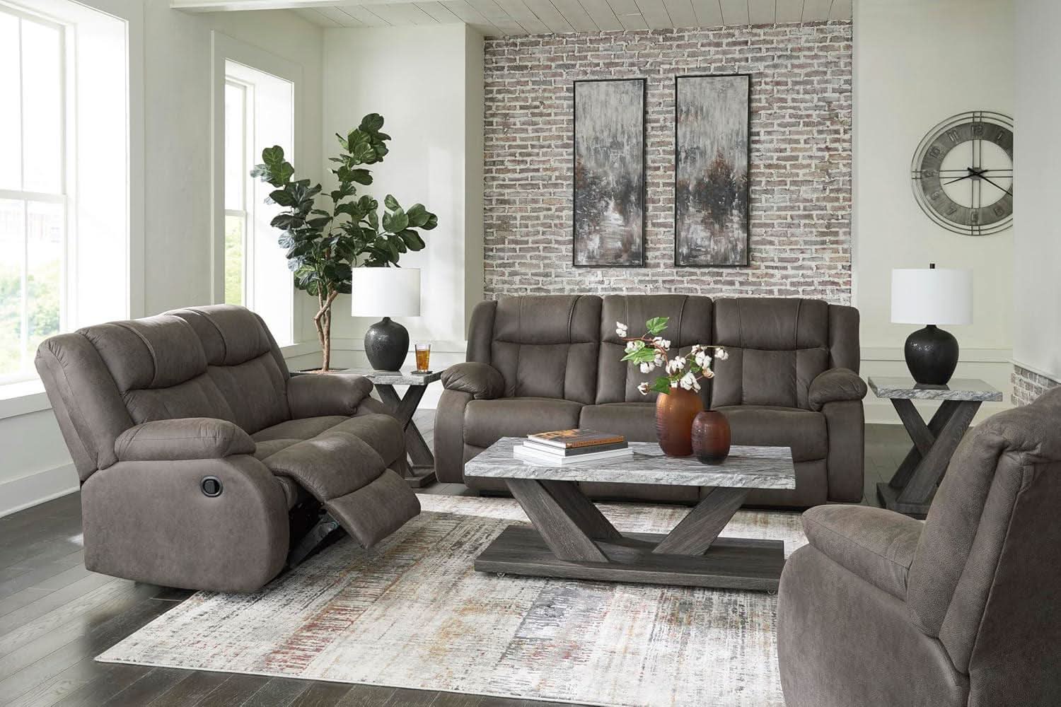 Contemporary Gray Faux Leather Manual Reclining Sofa