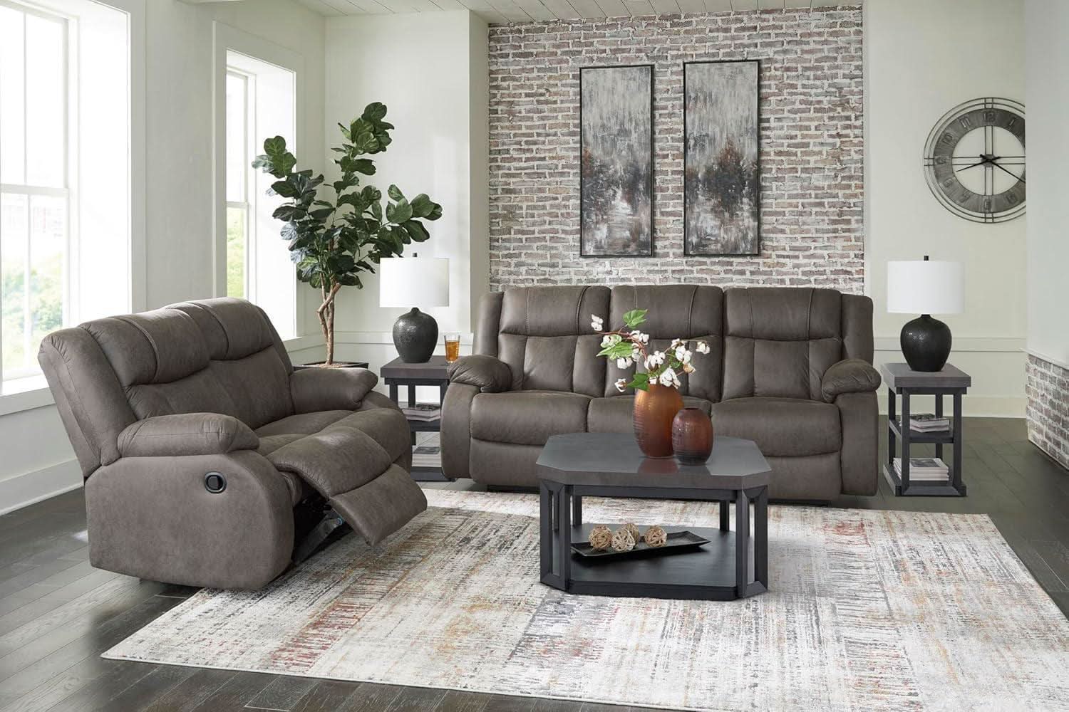 Contemporary Gray Faux Leather Manual Reclining Sofa
