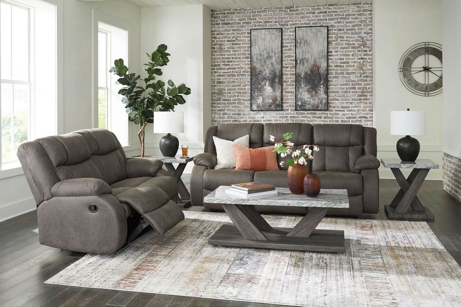 Contemporary Gray Faux Leather Manual Reclining Sofa