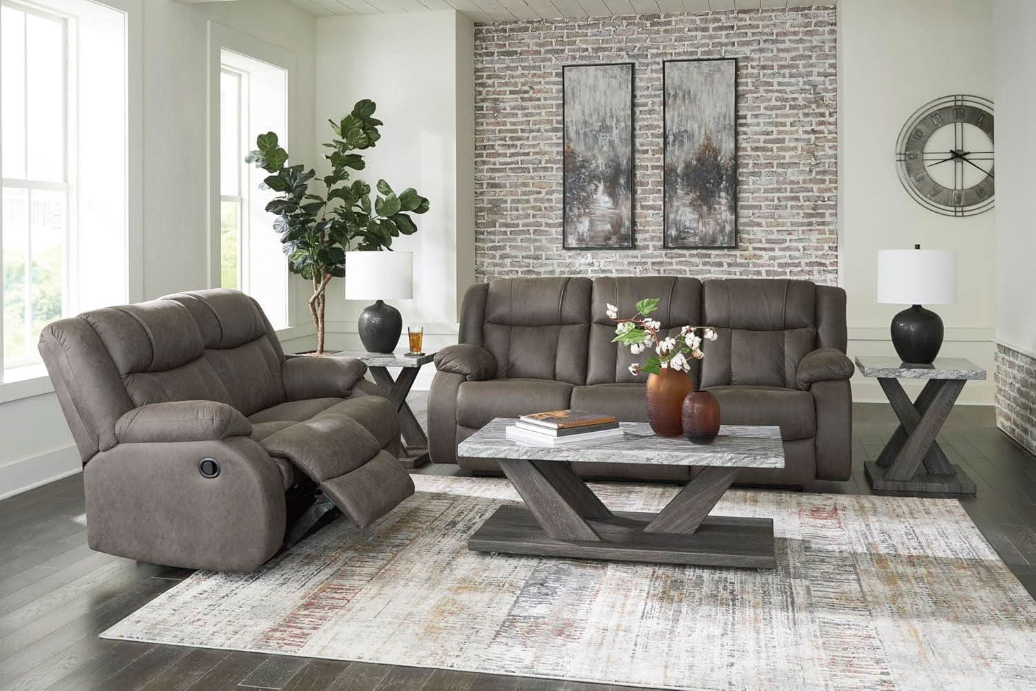 Contemporary Gray Faux Leather Manual Reclining Sofa
