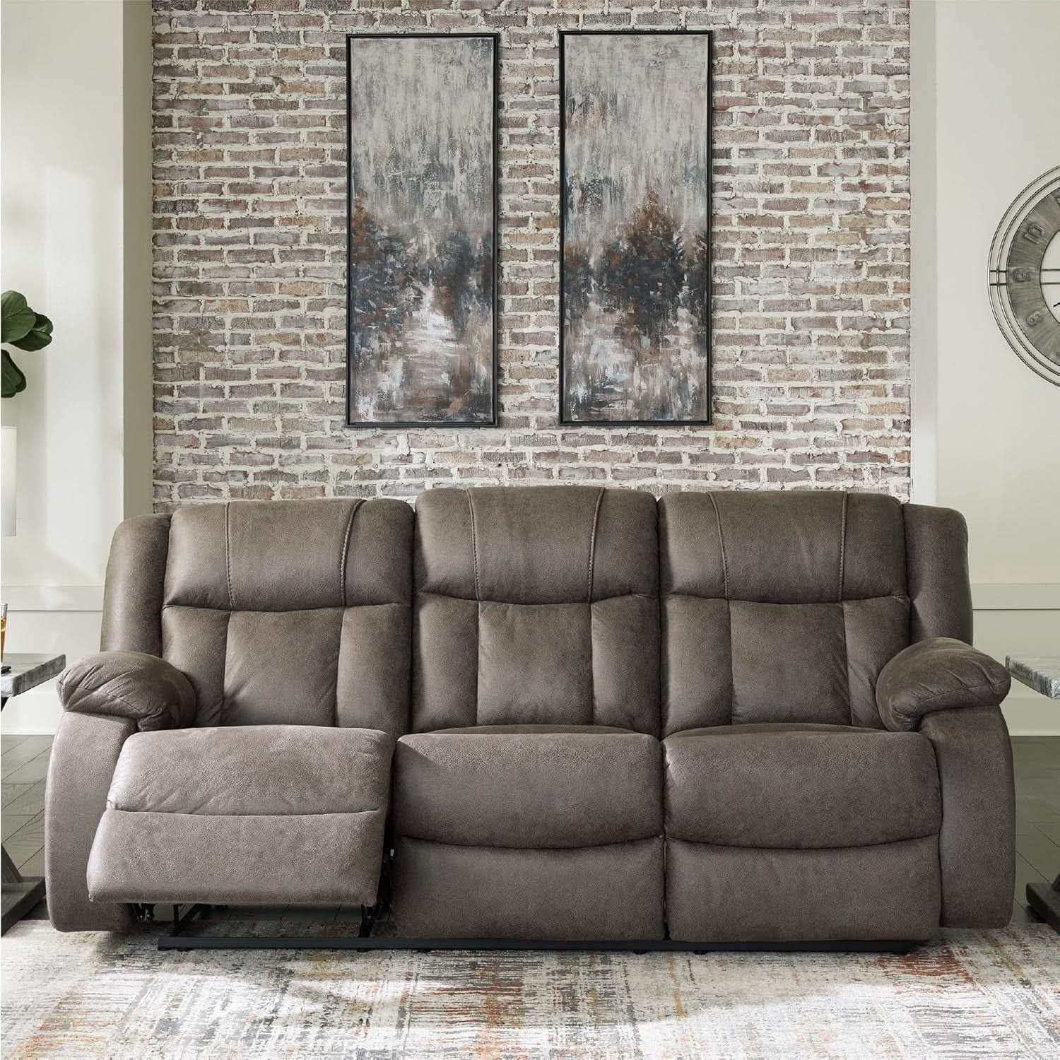 Contemporary Gray Faux Leather Manual Reclining Sofa