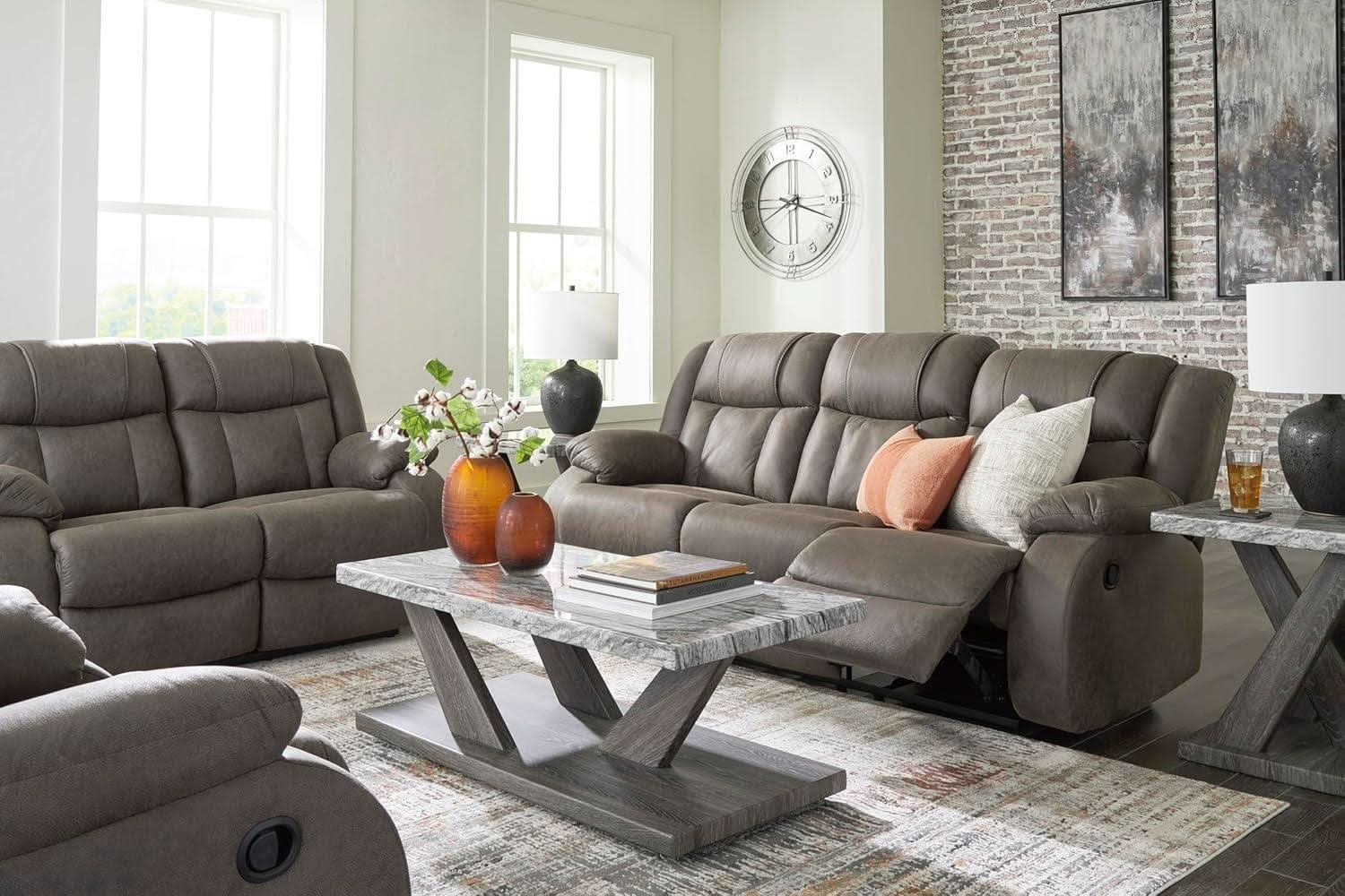 Contemporary Gray Faux Leather Manual Reclining Sofa