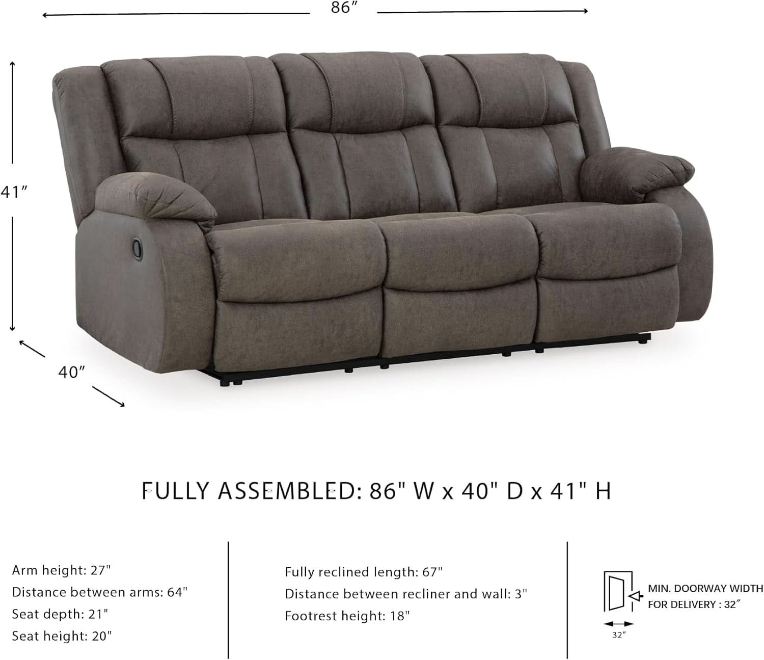 Contemporary Gray Faux Leather Manual Reclining Sofa