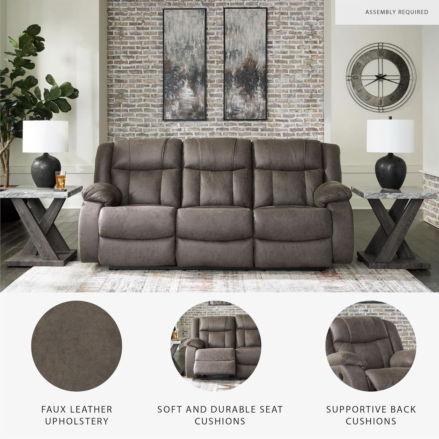 Contemporary Gray Faux Leather Manual Reclining Sofa