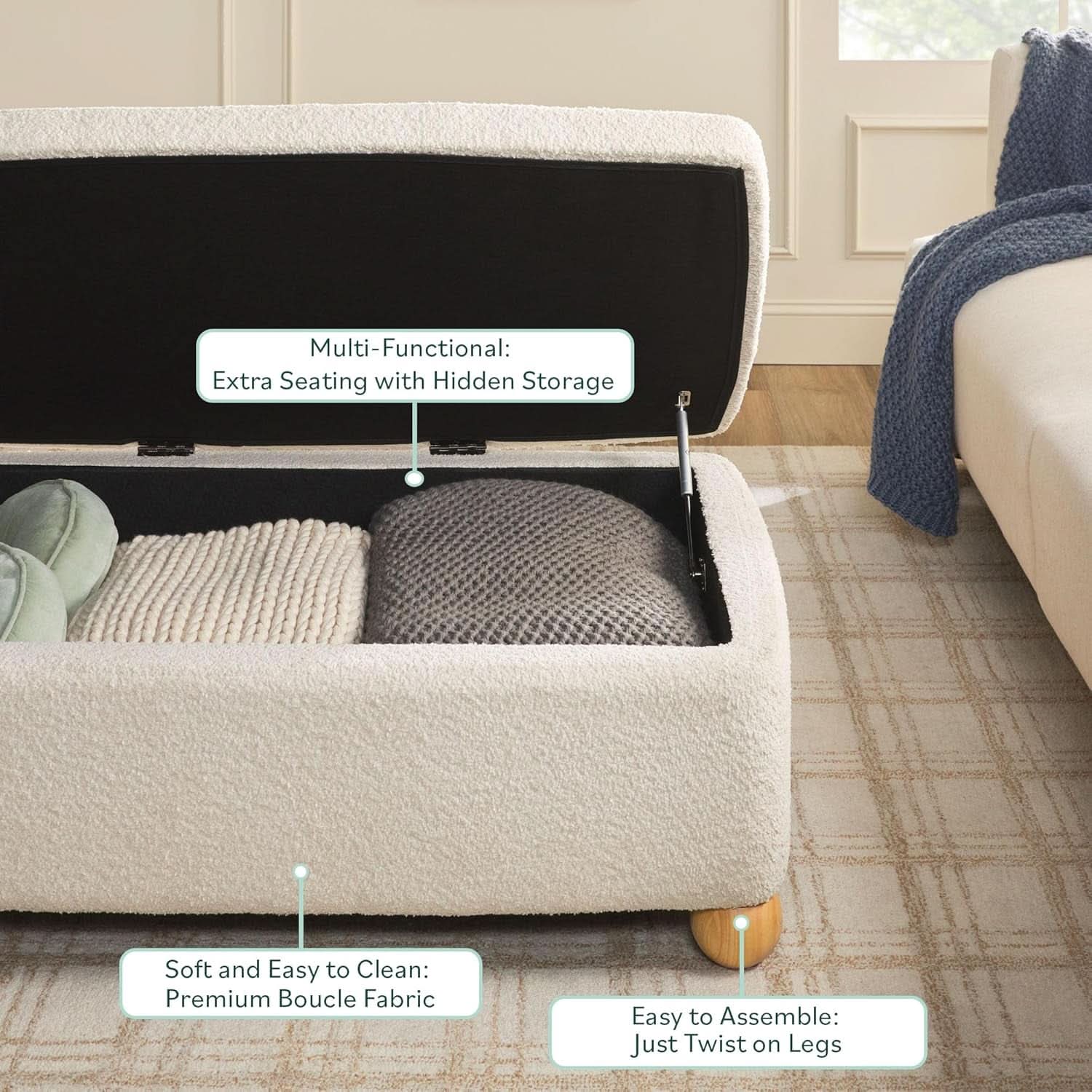 Contemporary Large Ivory Storage Ottoman With Legs