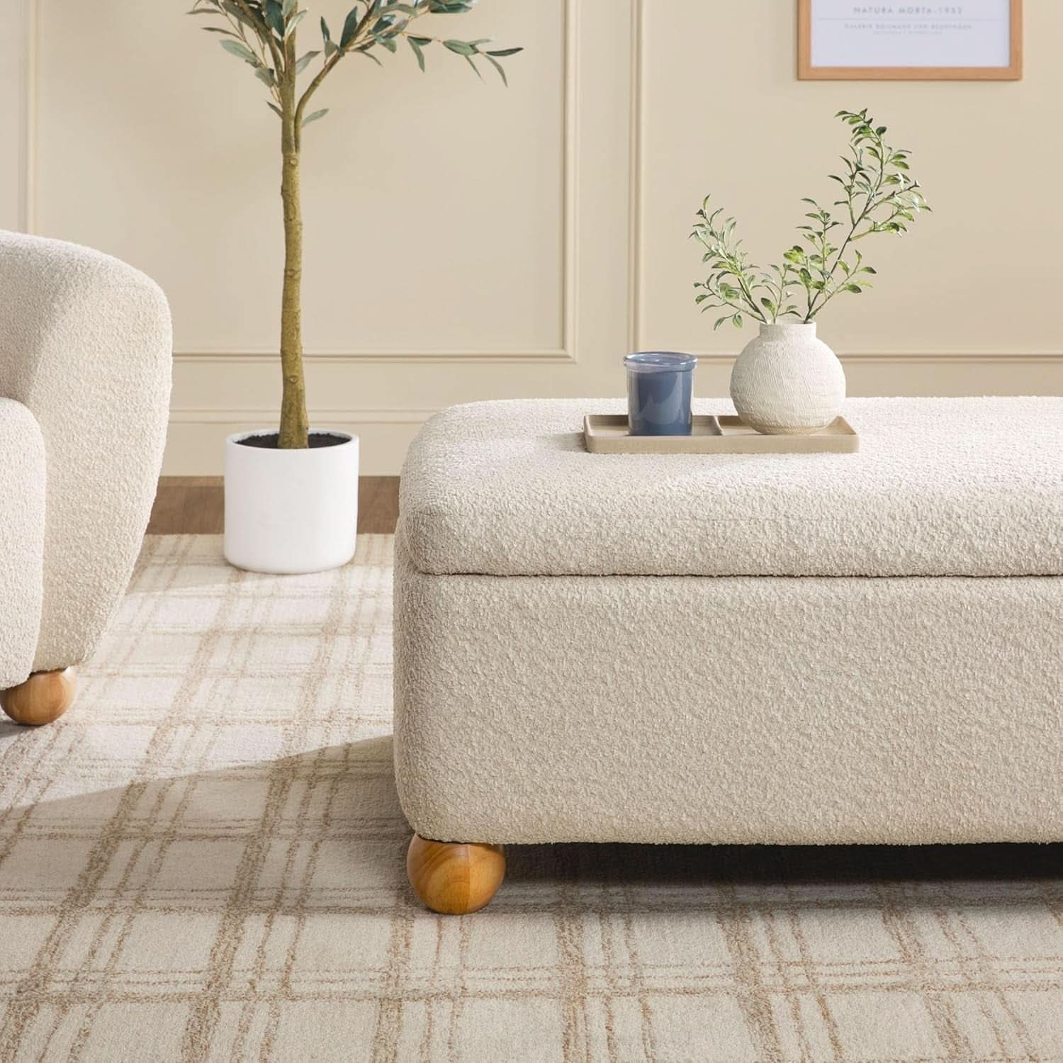 Contemporary Large Ivory Storage Ottoman With Legs