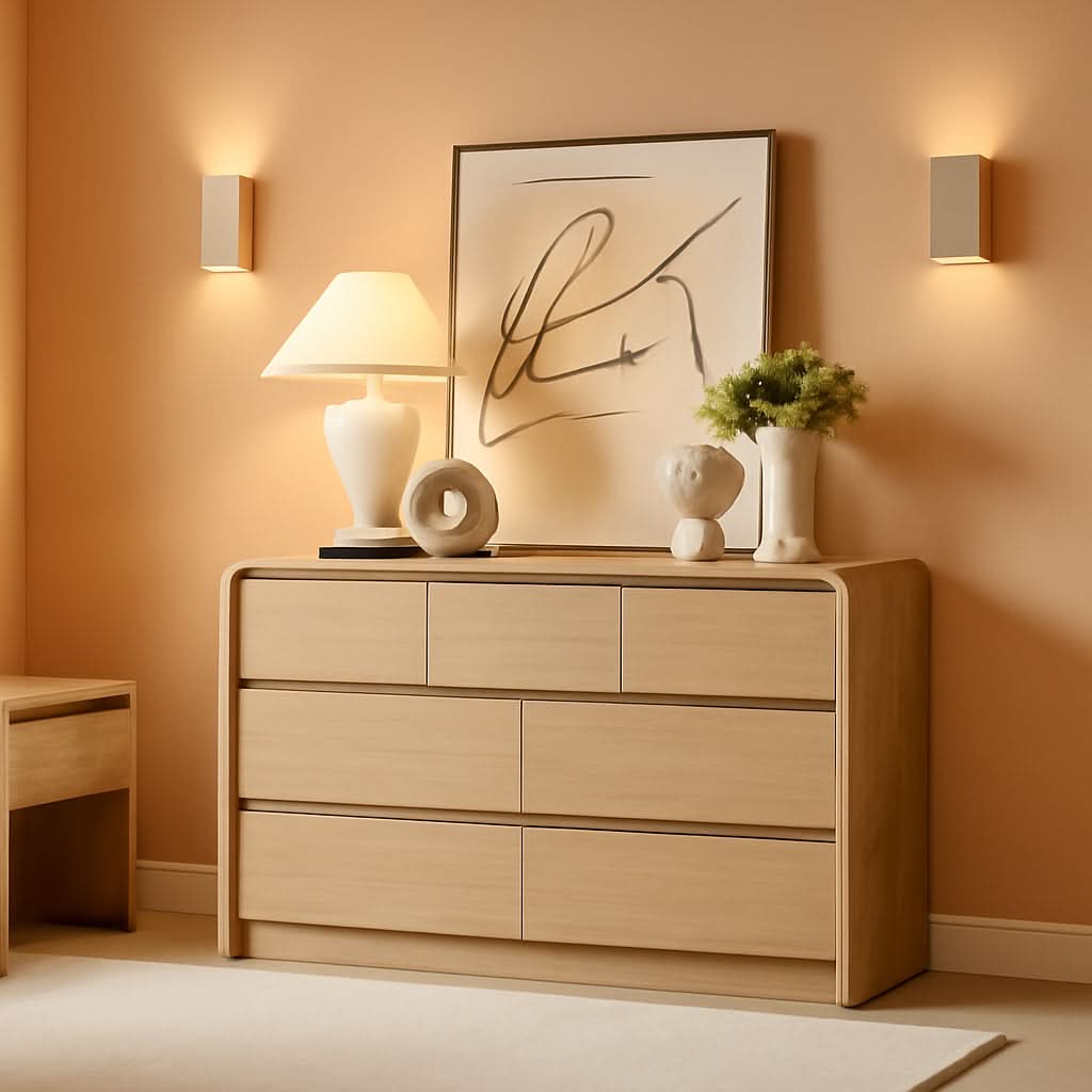 Contemporary Oak Seven Drawer Dresser With Textured Surface