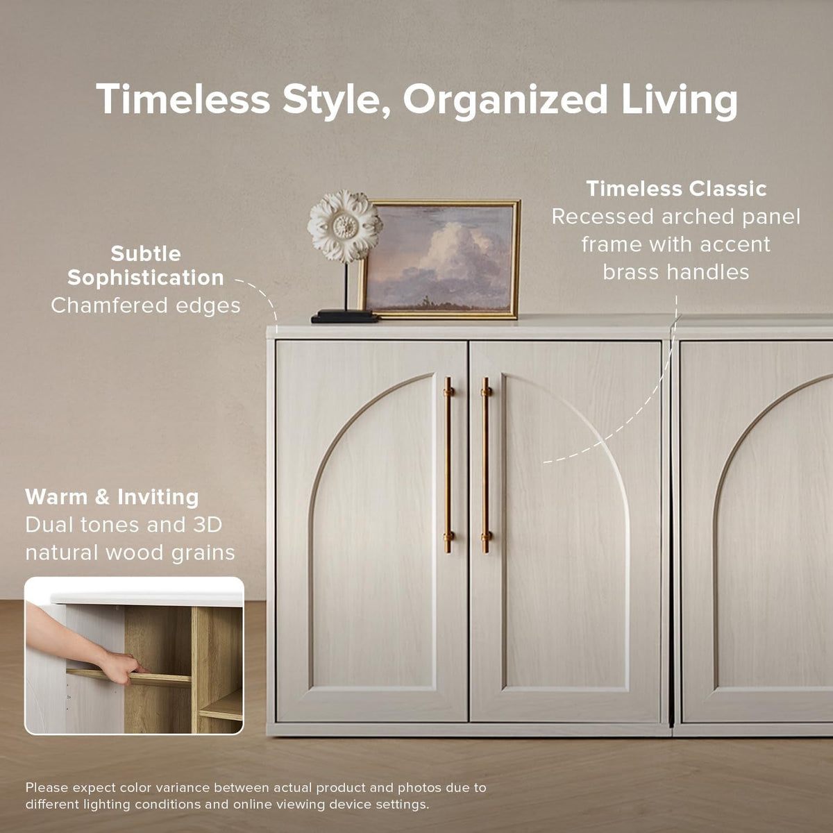 Contemporary White Oak Arched Storage Cabinet Brass Handles