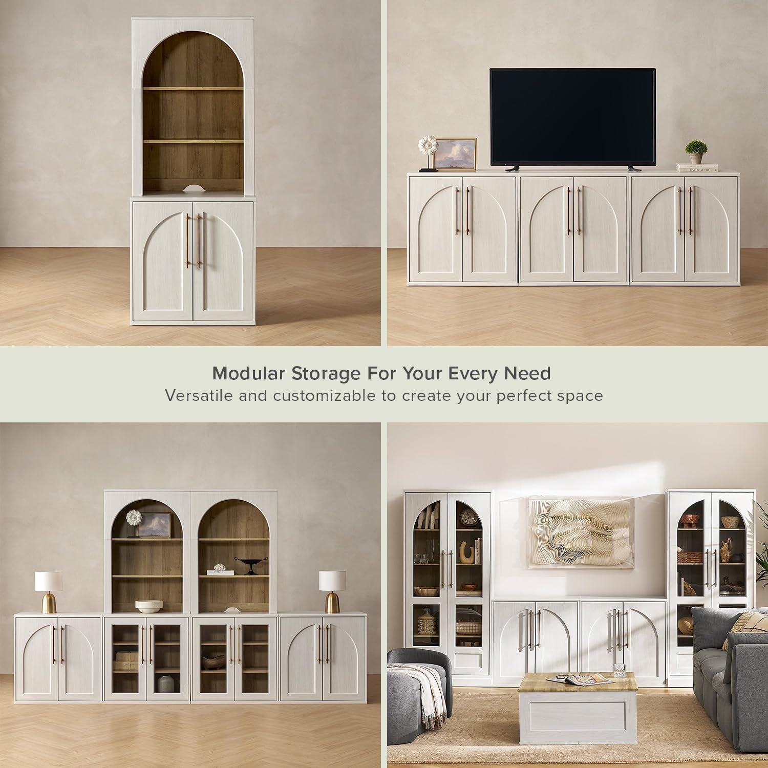 Contemporary White Oak Arched Storage Cabinet Brass Handles