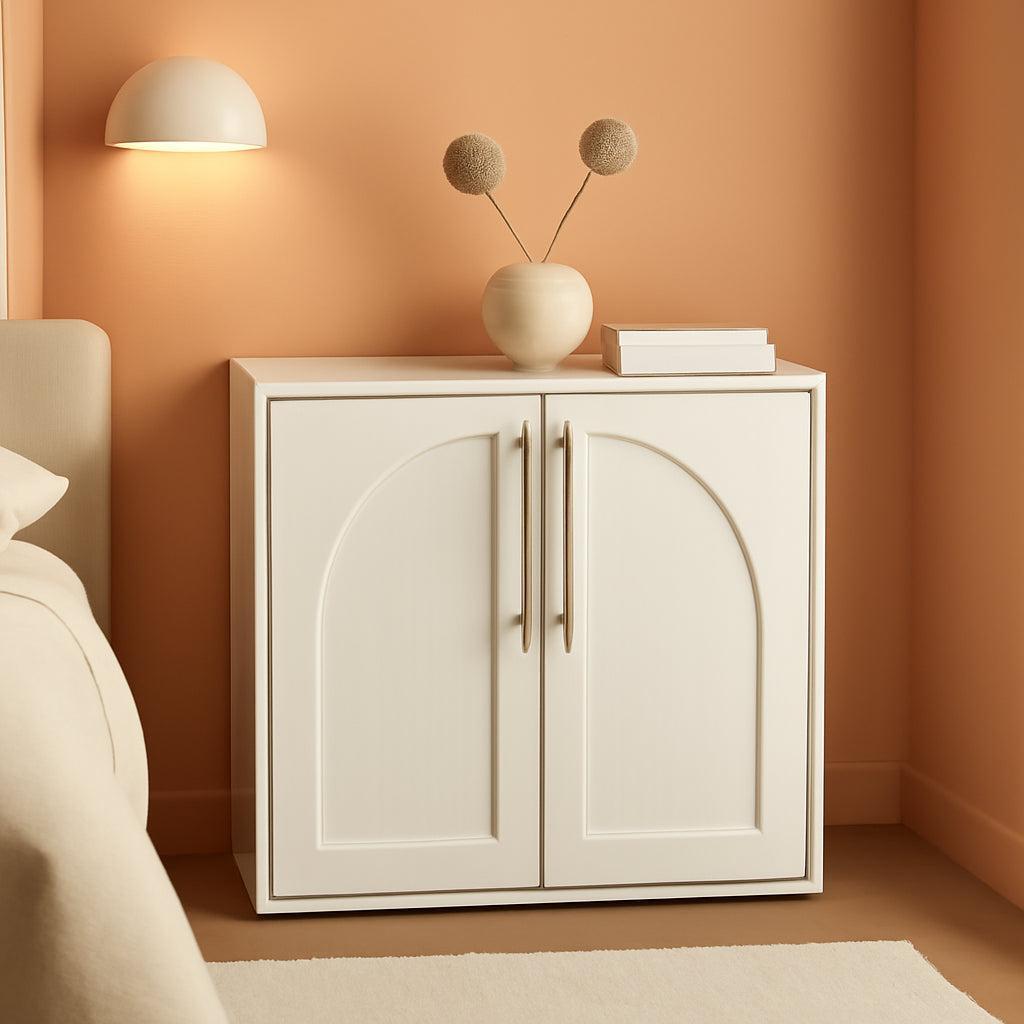 Contemporary White Oak Arched Storage Cabinet Brass Handles