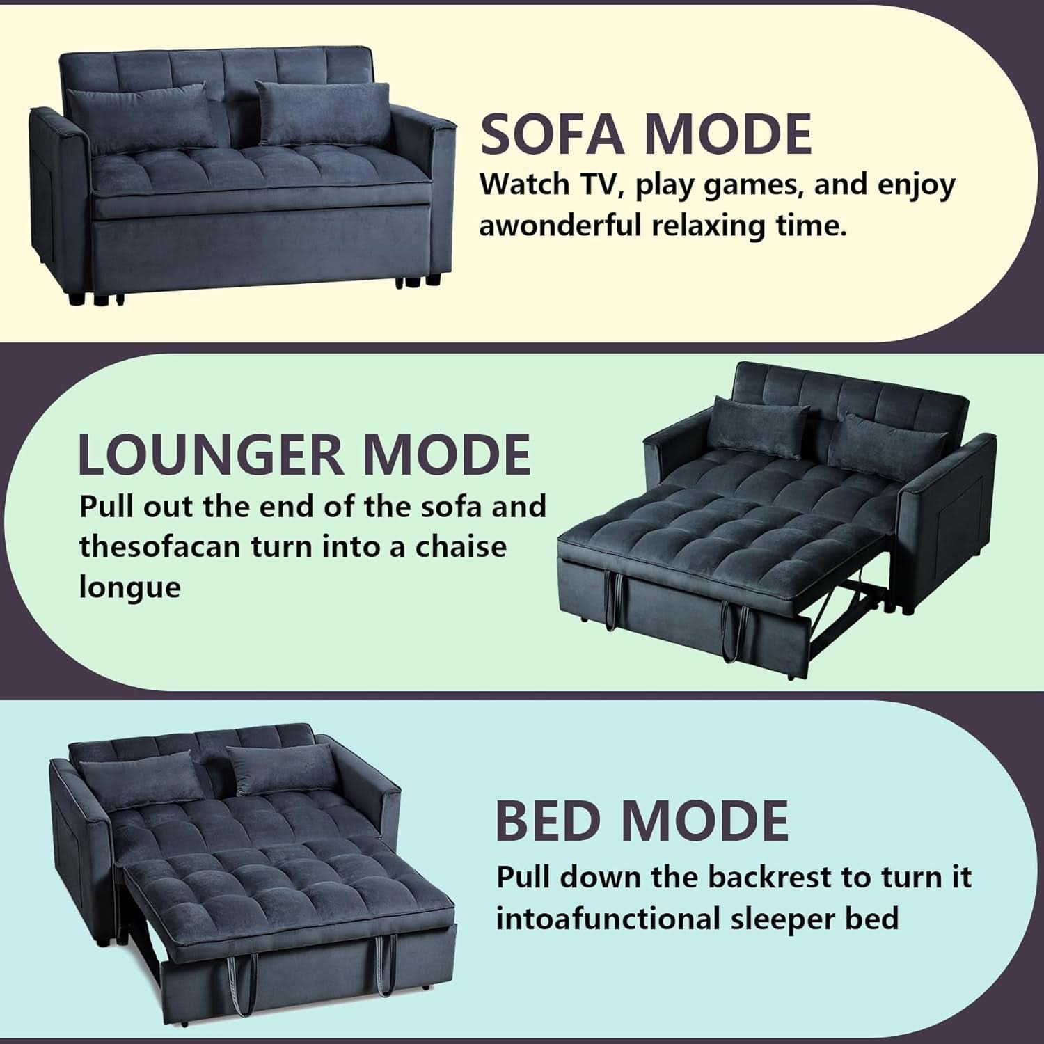 Convertible 3 in 1 Couch Bed with Adjustable Backrest