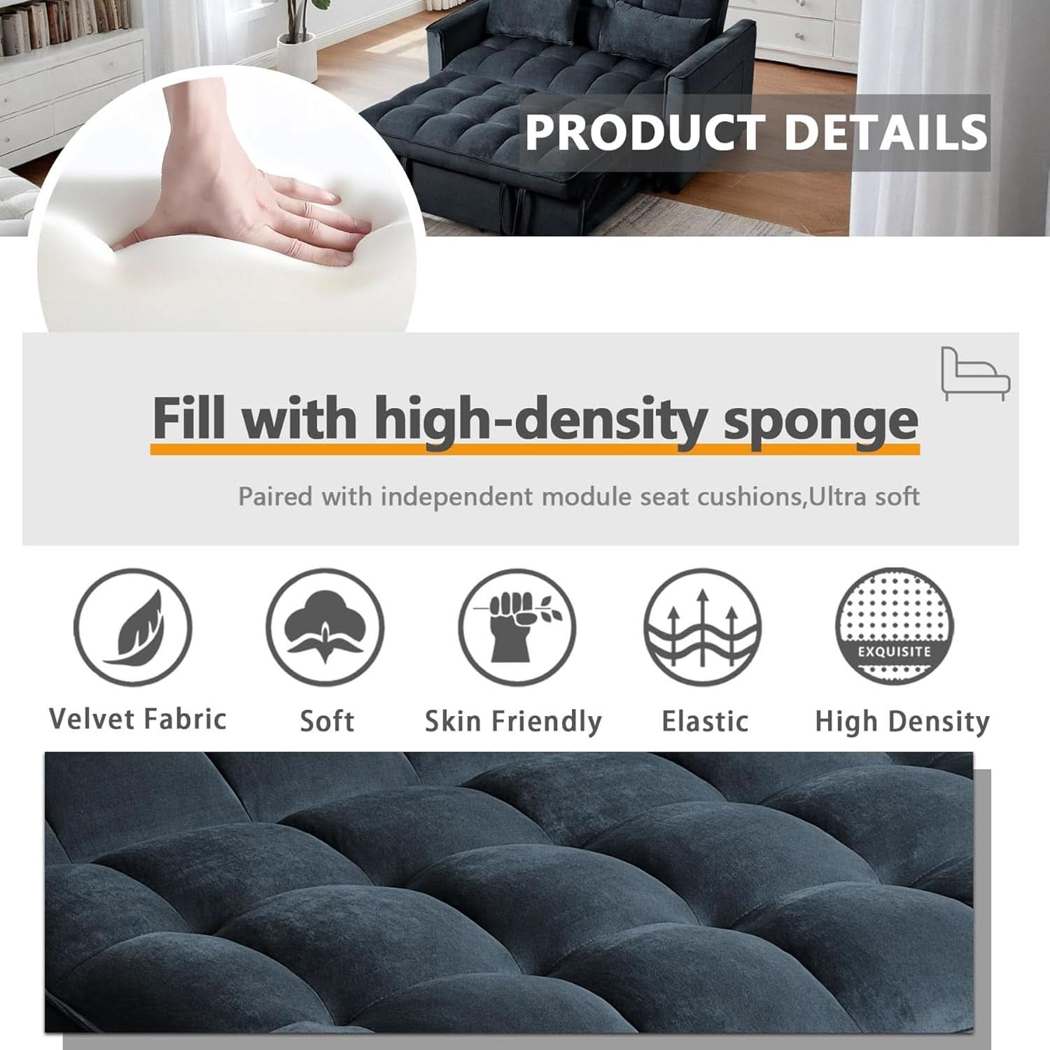 Convertible 3 in 1 Couch Bed with Adjustable Backrest