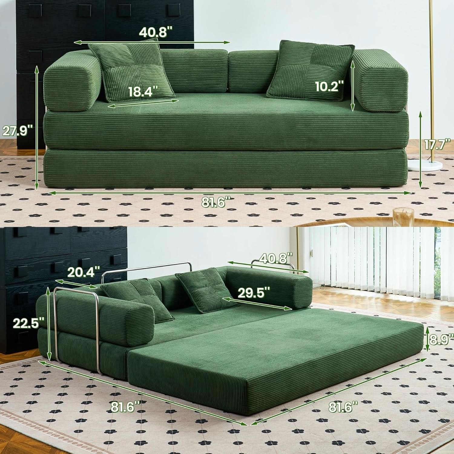 Convertible Floor Sofa Bed Comfy Corduroy Design Green