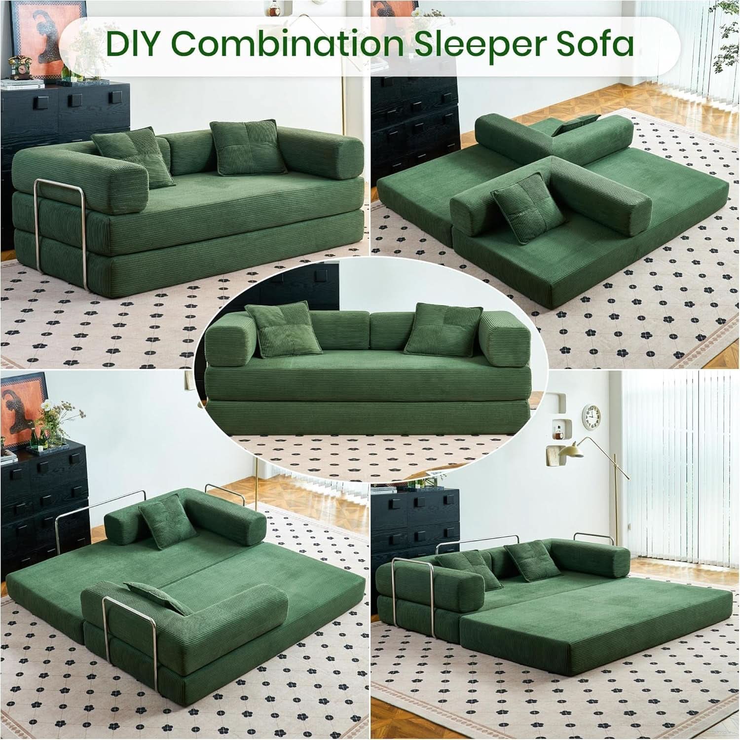 Convertible Floor Sofa Bed Comfy Corduroy Design Green