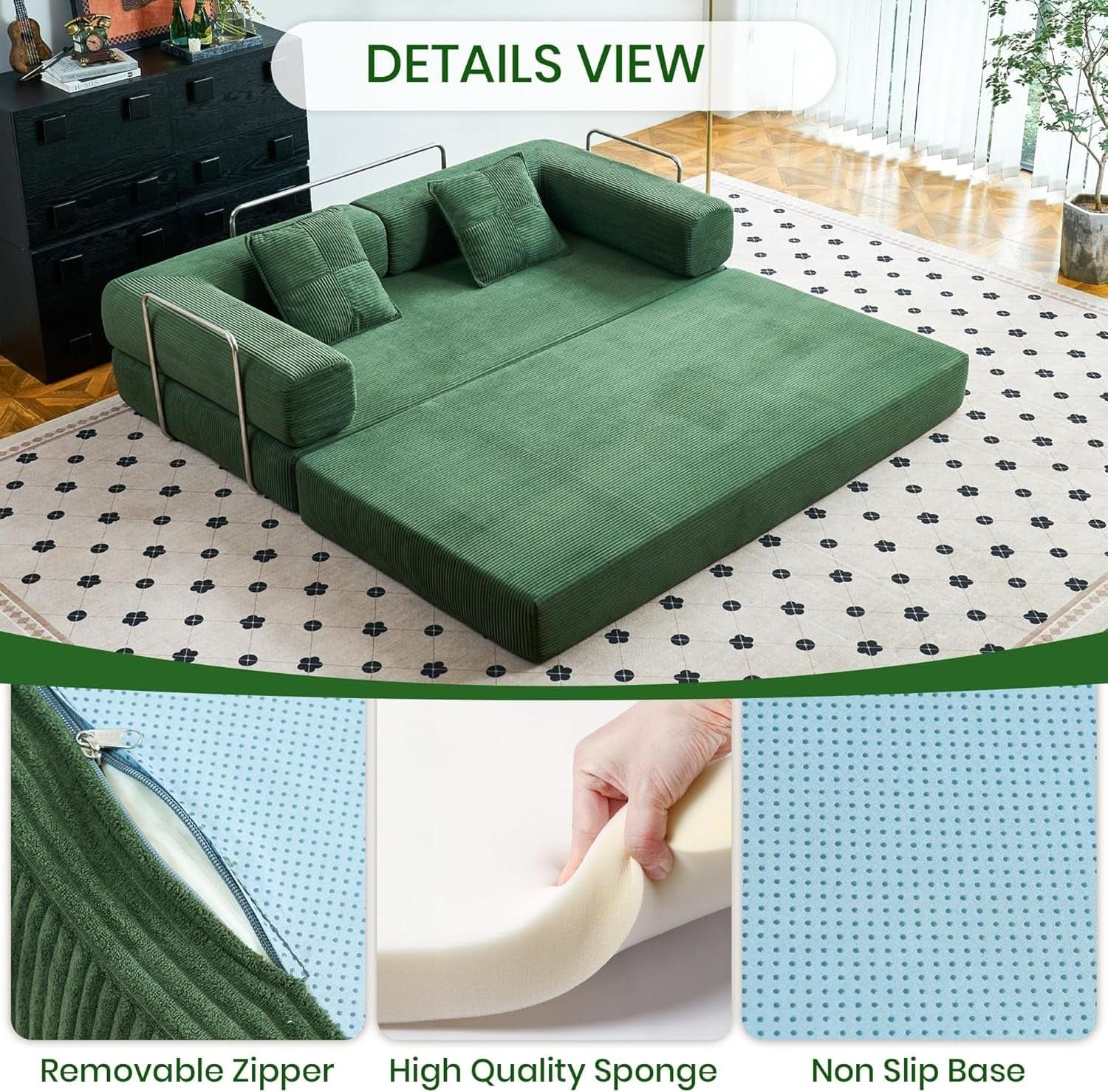 Convertible Floor Sofa Bed Comfy Corduroy Design Green