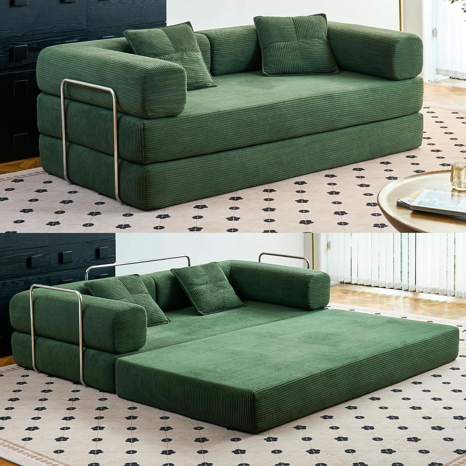 Convertible Floor Sofa Bed Comfy Corduroy Design Green