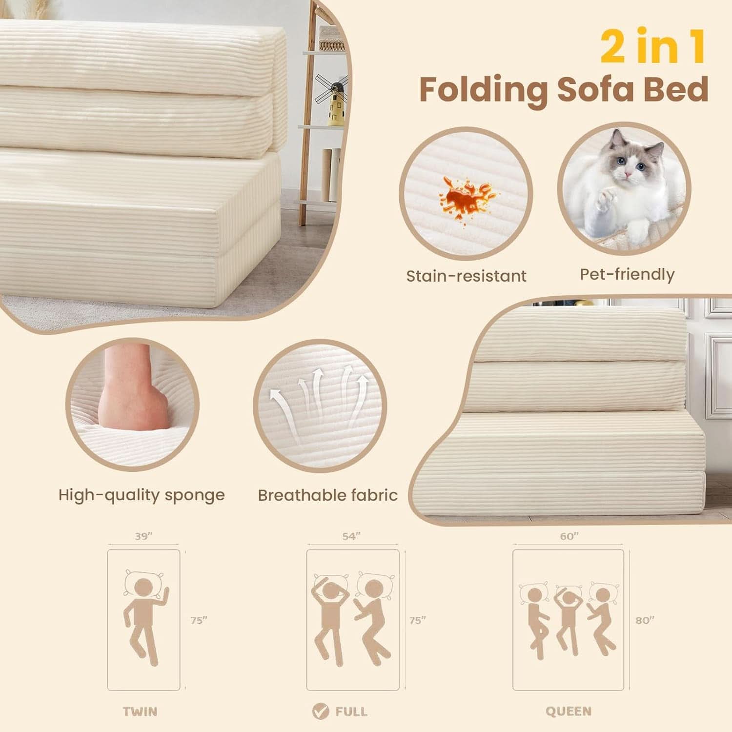 Convertible Folding Sofa Bed with Pillow and Mattress