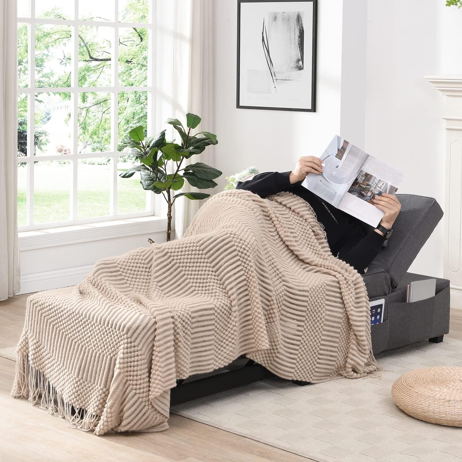 Convertible Futon Chair With Lumbar Pillow And Pockets