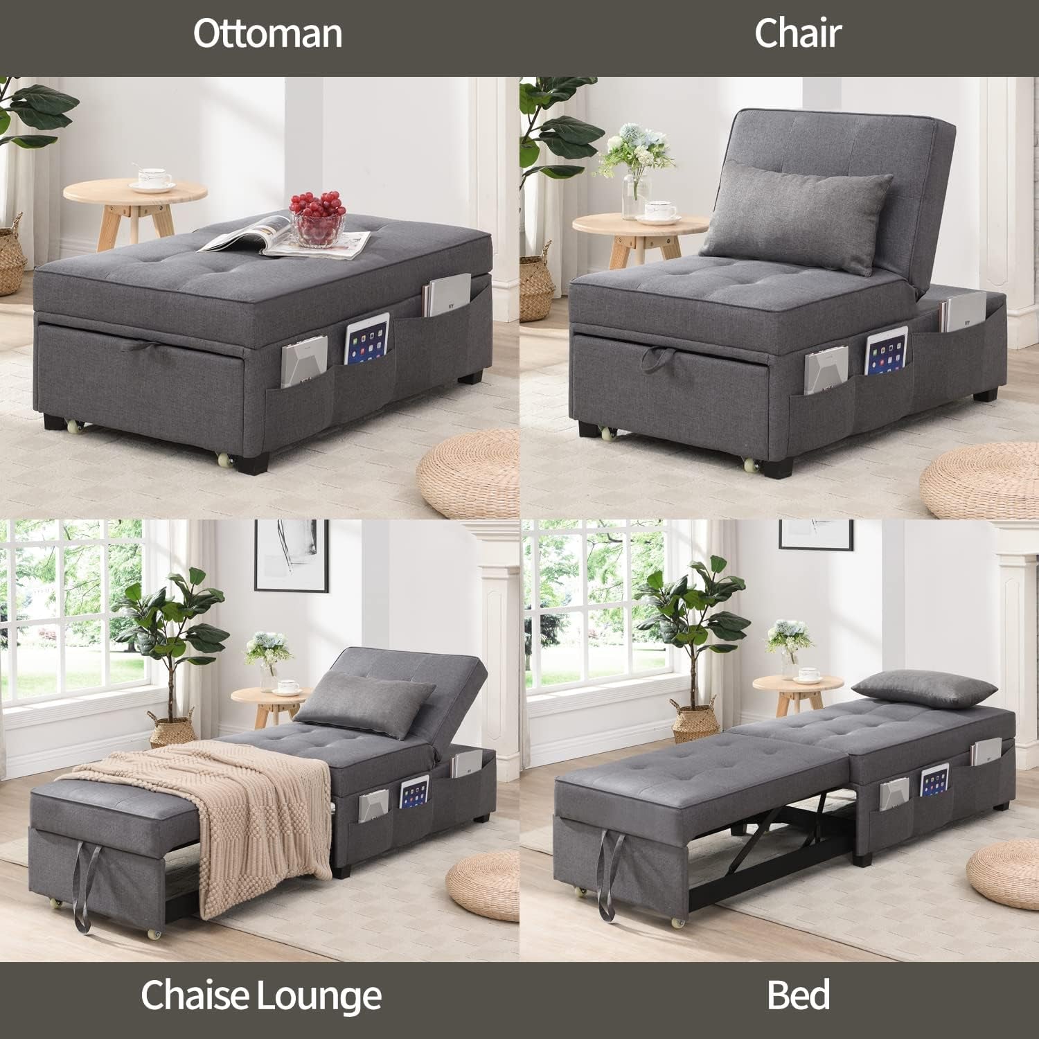 Convertible Futon Chair With Lumbar Pillow And Pockets
