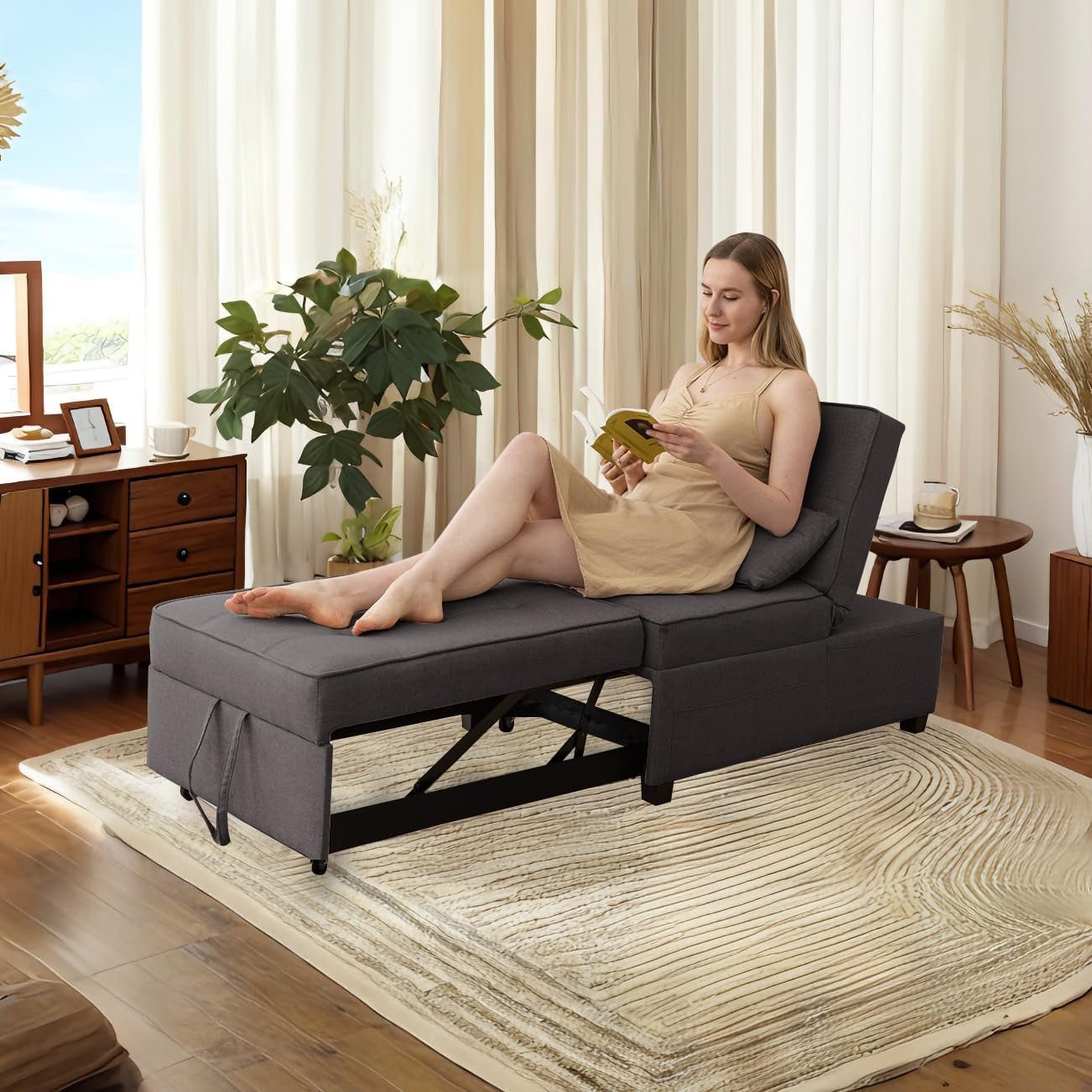Convertible Futon Chair With Lumbar Pillow And Pockets