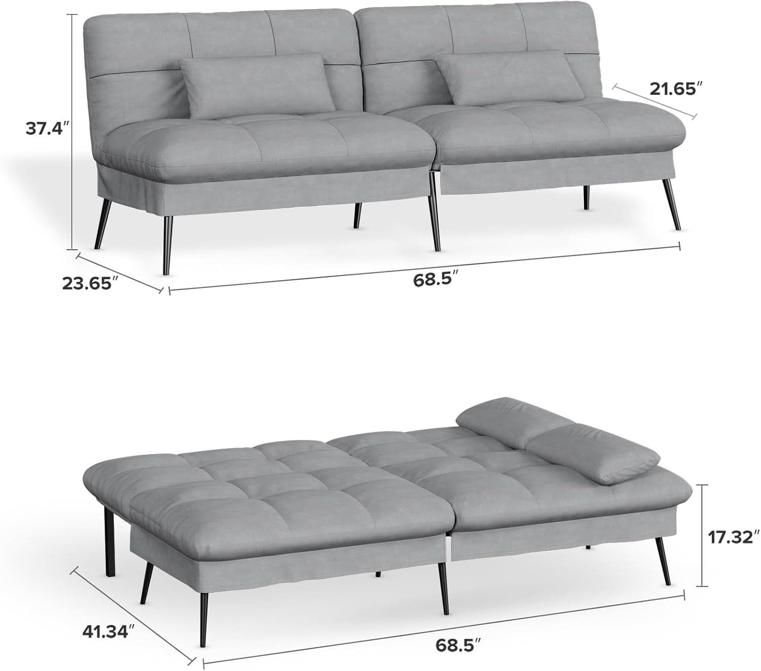 Convertible Futon Sofa Bed 68 Inch Dark Grey Upholstery