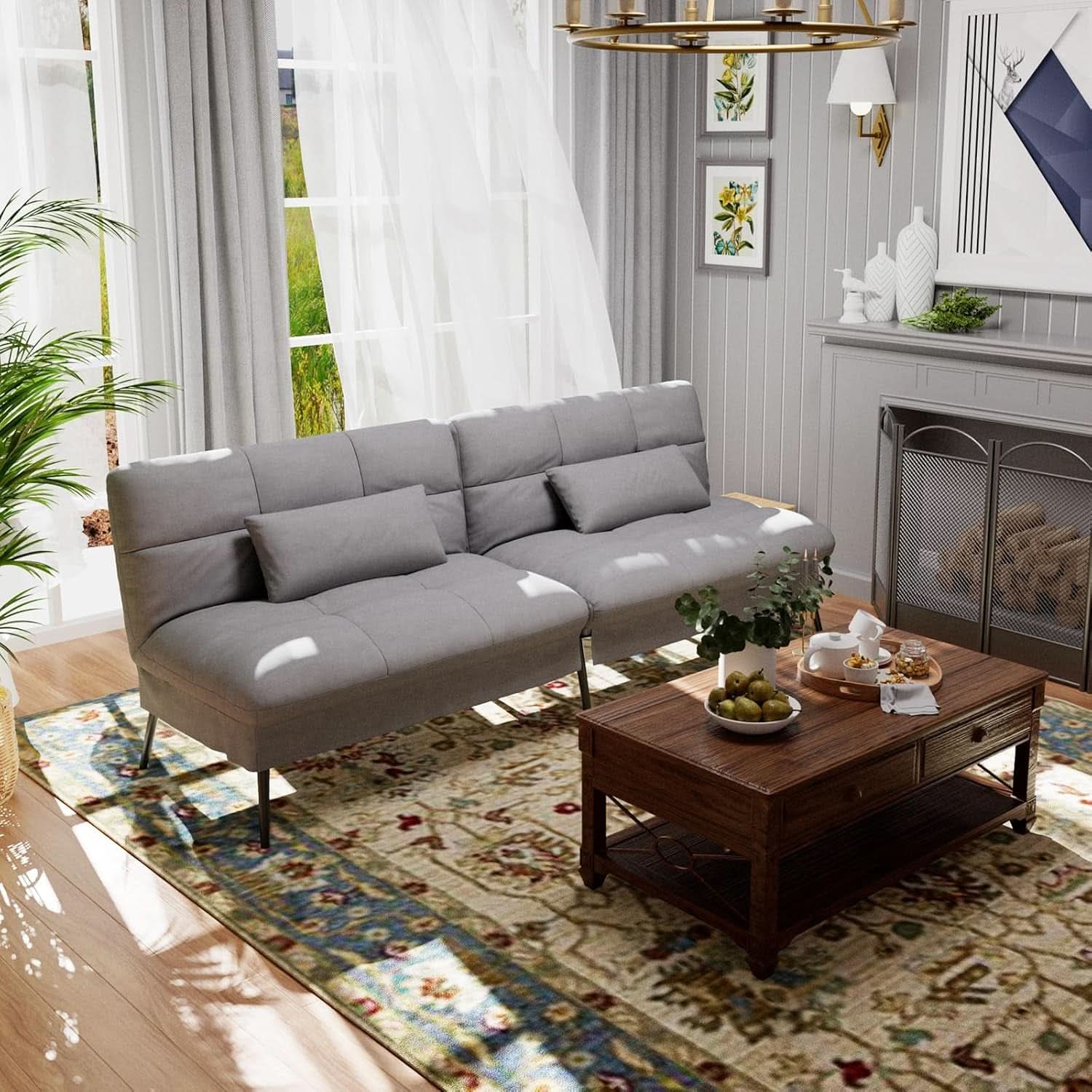 Convertible Futon Sofa Bed 68 Inch Dark Grey Upholstery