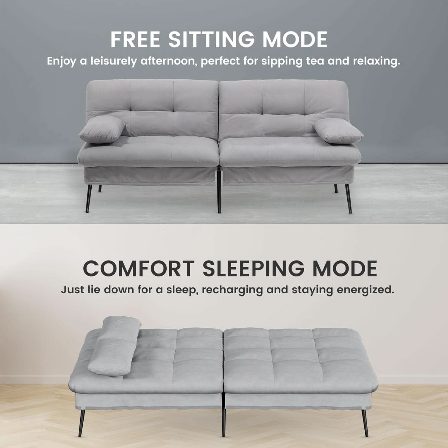 Convertible Futon Sofa Bed 68 Inch Dark Grey Upholstery