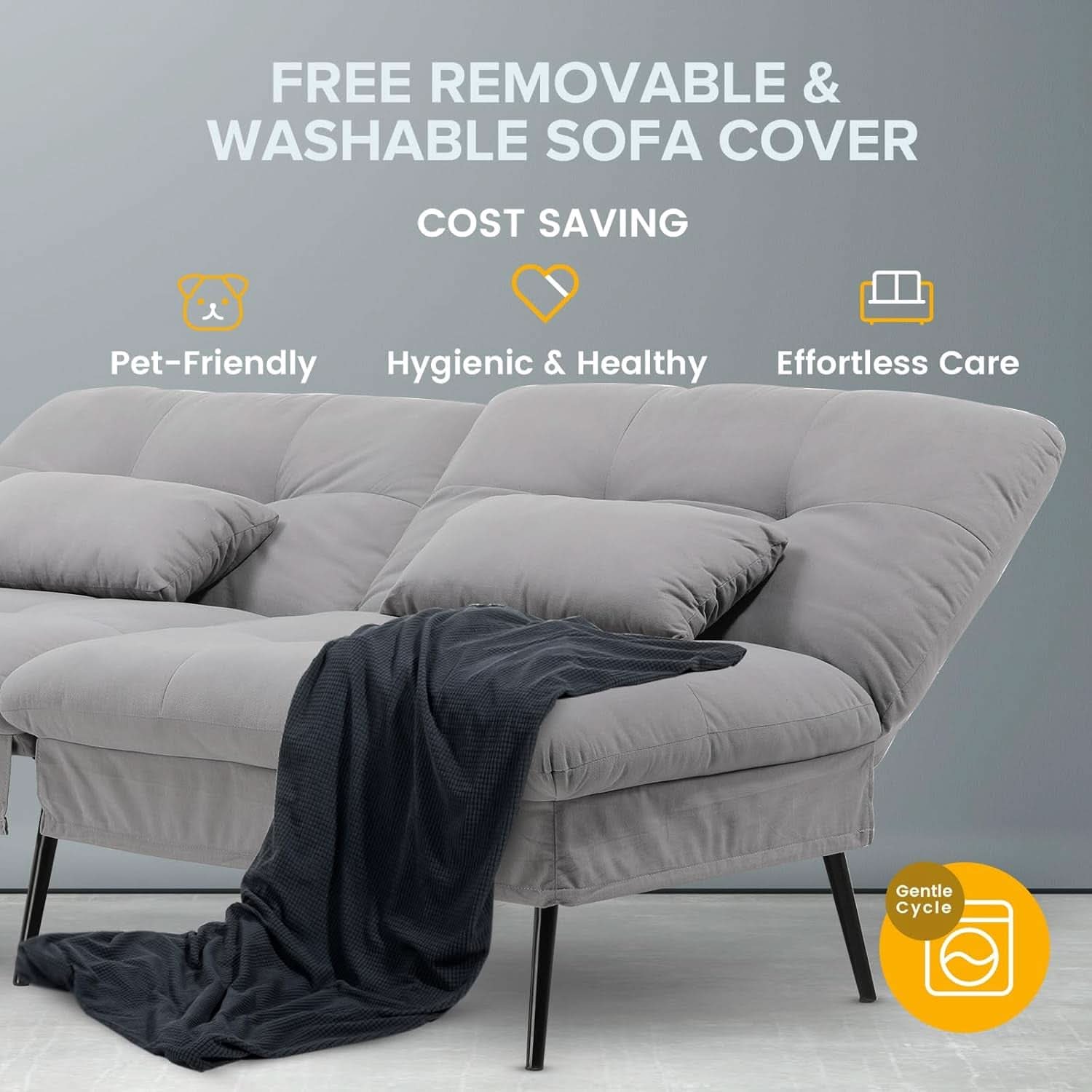 Convertible Futon Sofa Bed 68 Inch Dark Grey Upholstery
