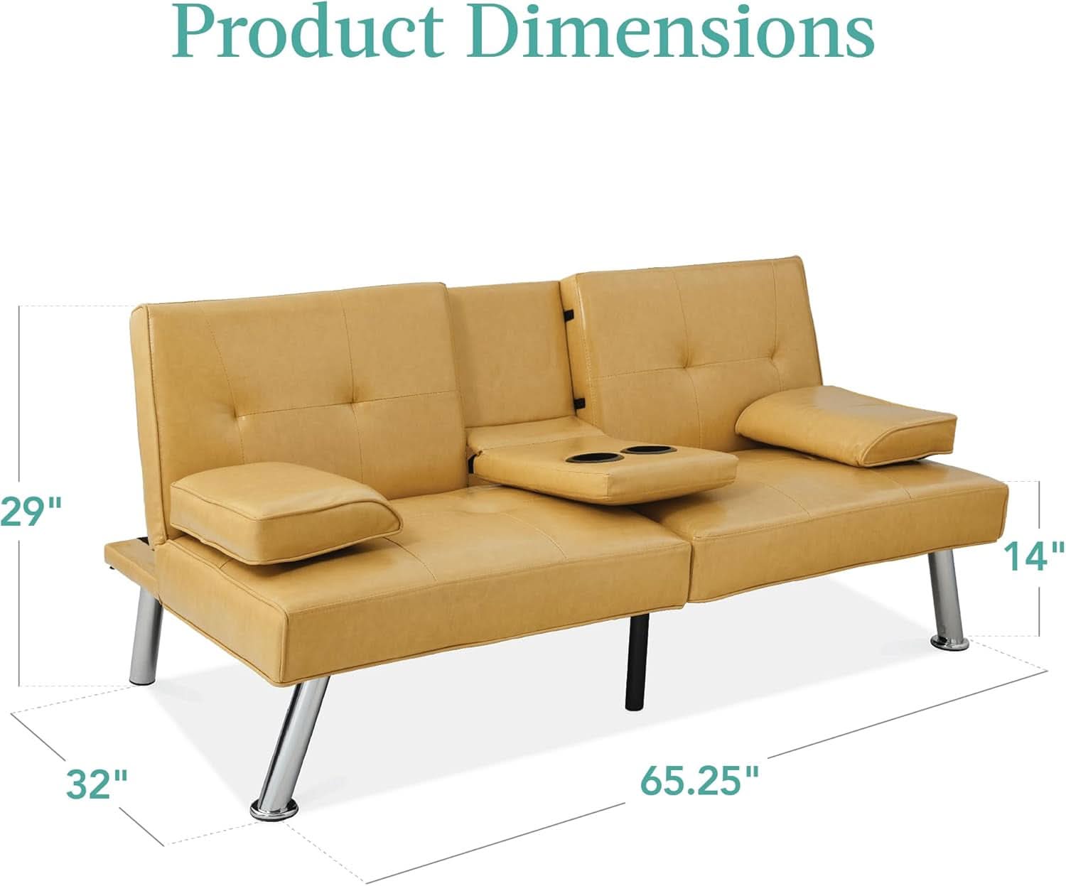 Convertible Futon Sofa Bed in Faux Leather Camel Yellow with Removable Armrests