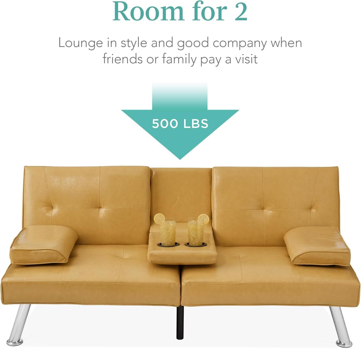 Convertible Futon Sofa Bed in Faux Leather Camel Yellow with Removable Armrests