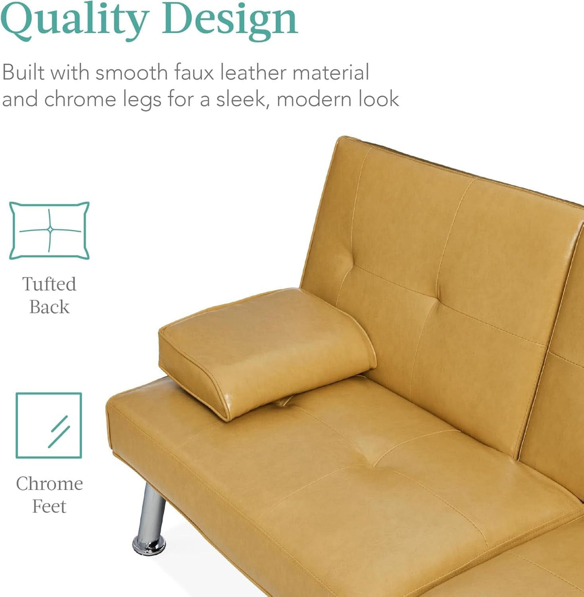 Convertible Futon Sofa Bed in Faux Leather Camel Yellow with Removable Armrests