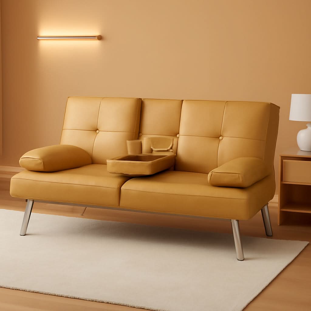 Convertible Futon Sofa Bed in Faux Leather Camel Yellow with Removable Armrests