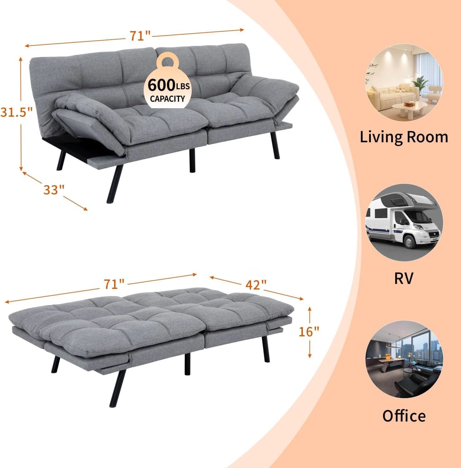 Convertible Futon Sofa Bed with Adjustable Backrest Comfort