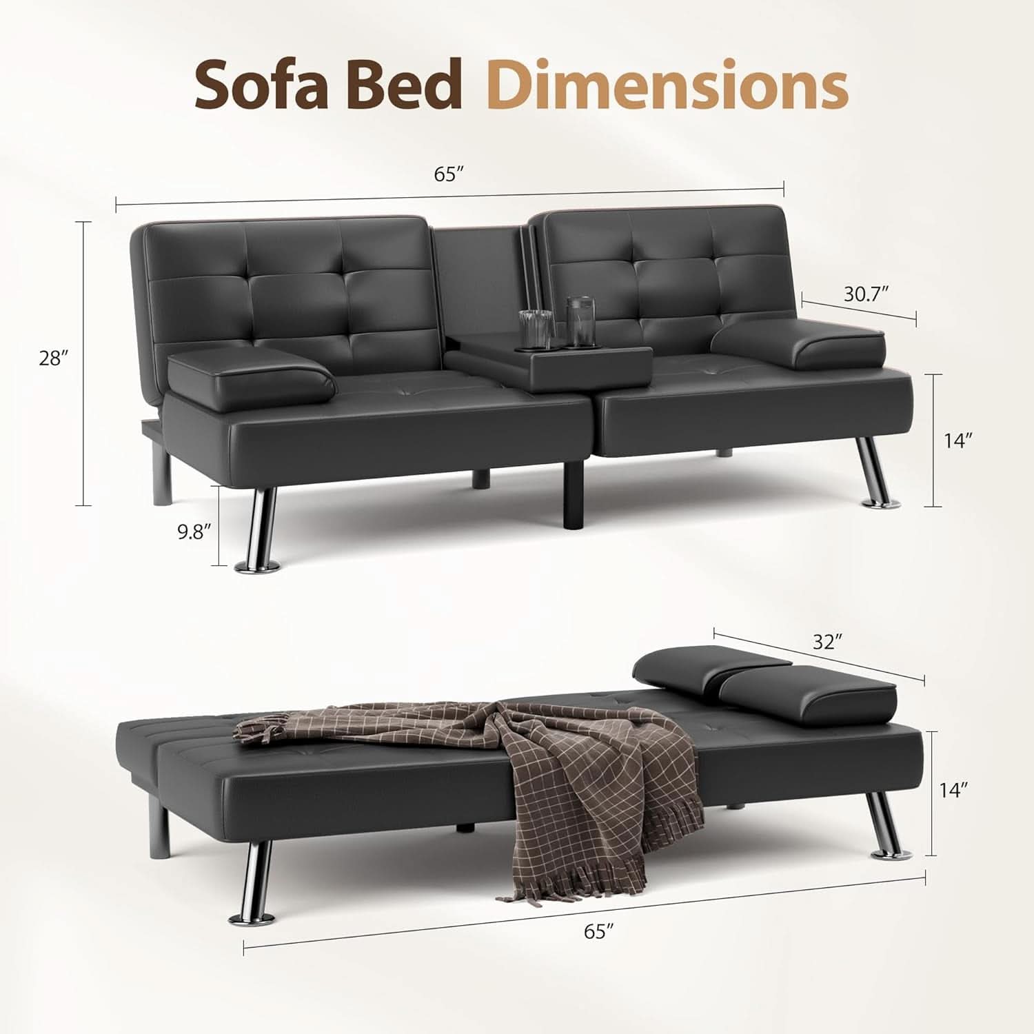 Convertible Futon Sofa Bed with Adjustable Backrest and Cup Holders