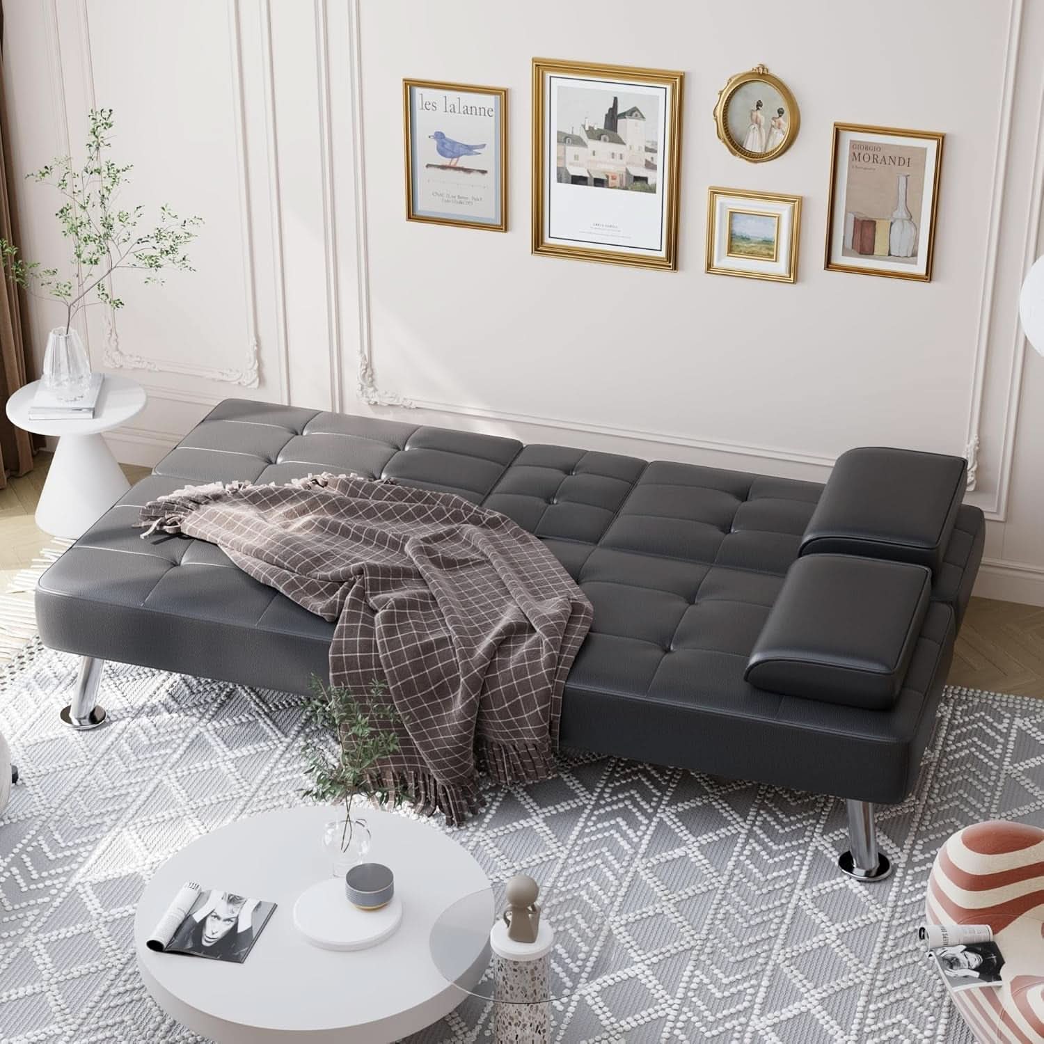 Convertible Futon Sofa Bed with Adjustable Backrest and Cup Holders