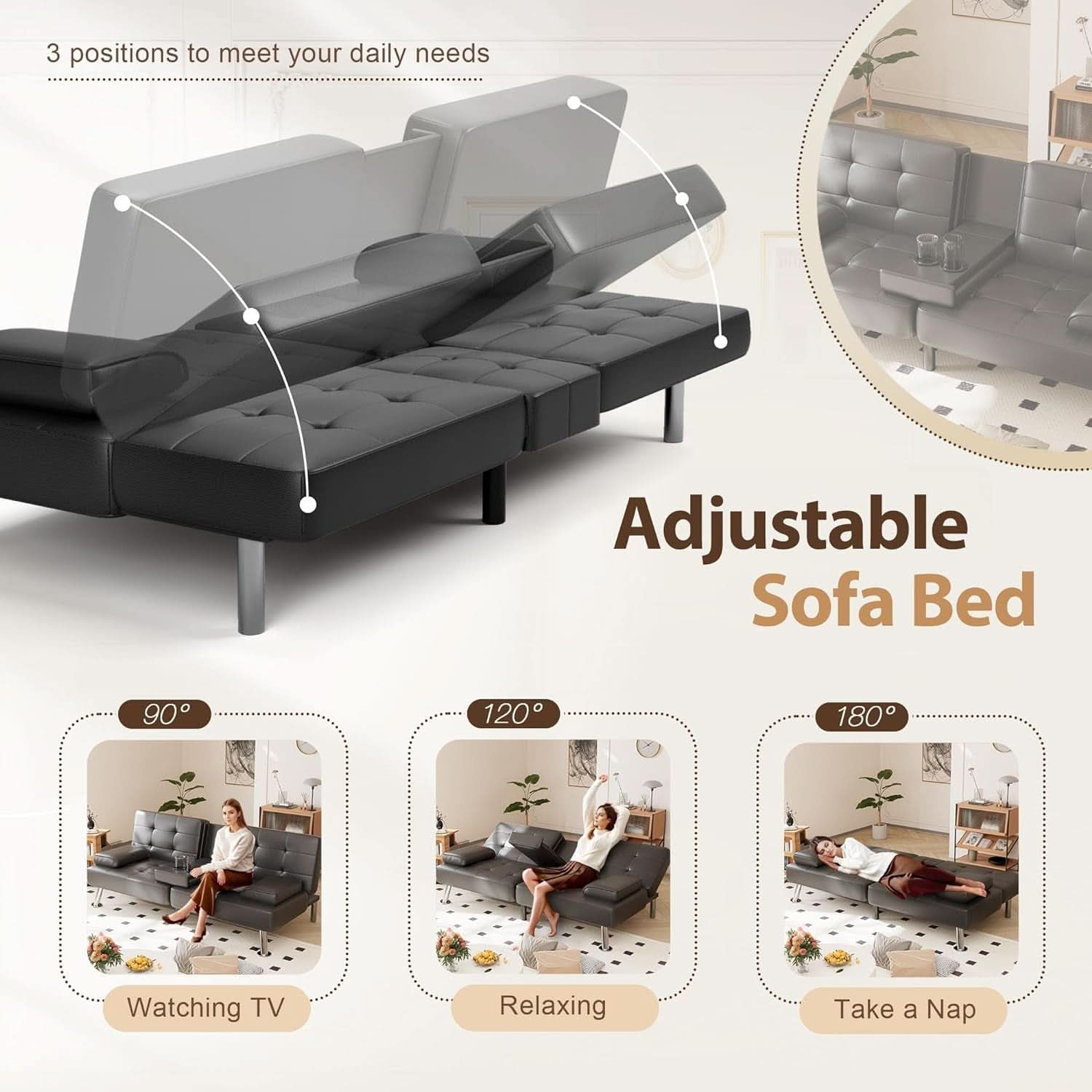 Convertible Futon Sofa Bed with Adjustable Backrest and Cup Holders