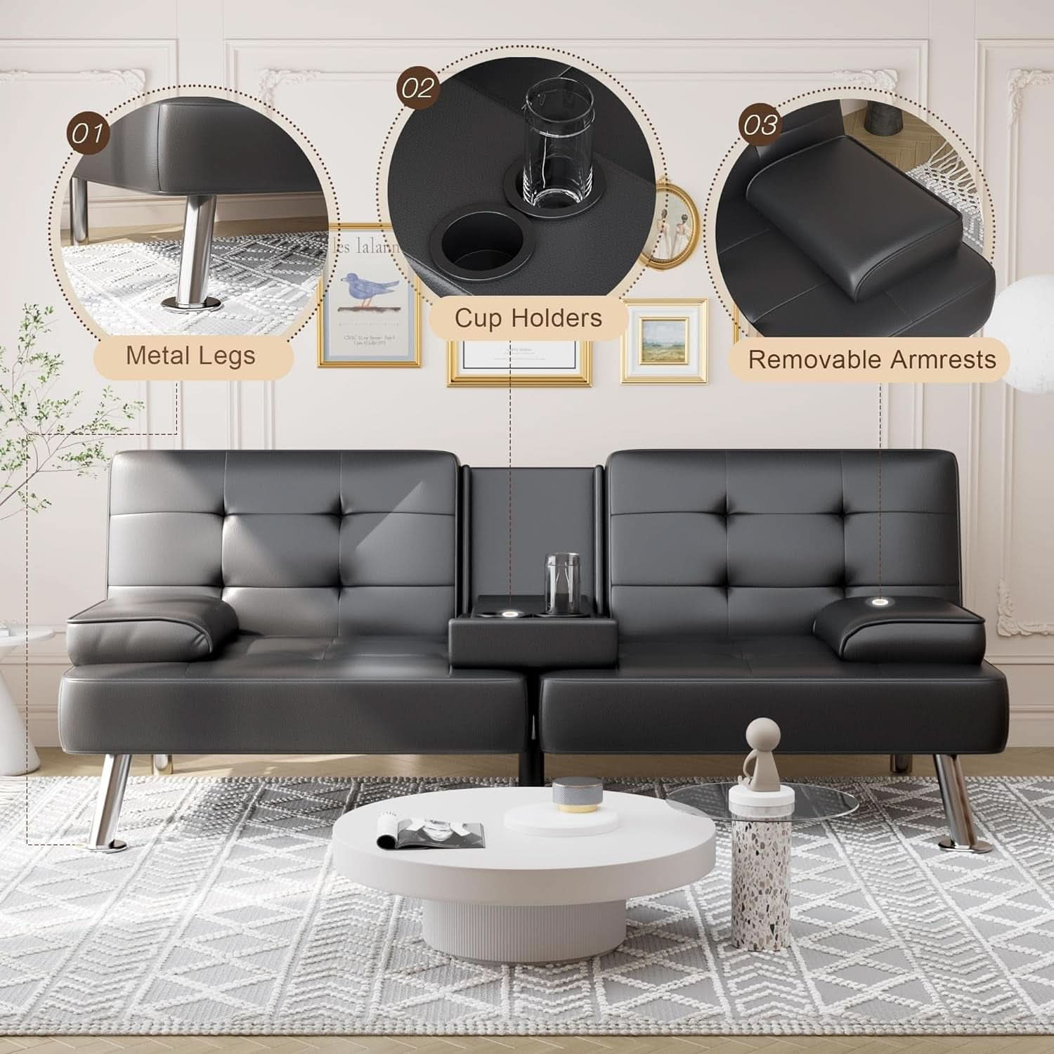 Convertible Futon Sofa Bed with Adjustable Backrest and Cup Holders