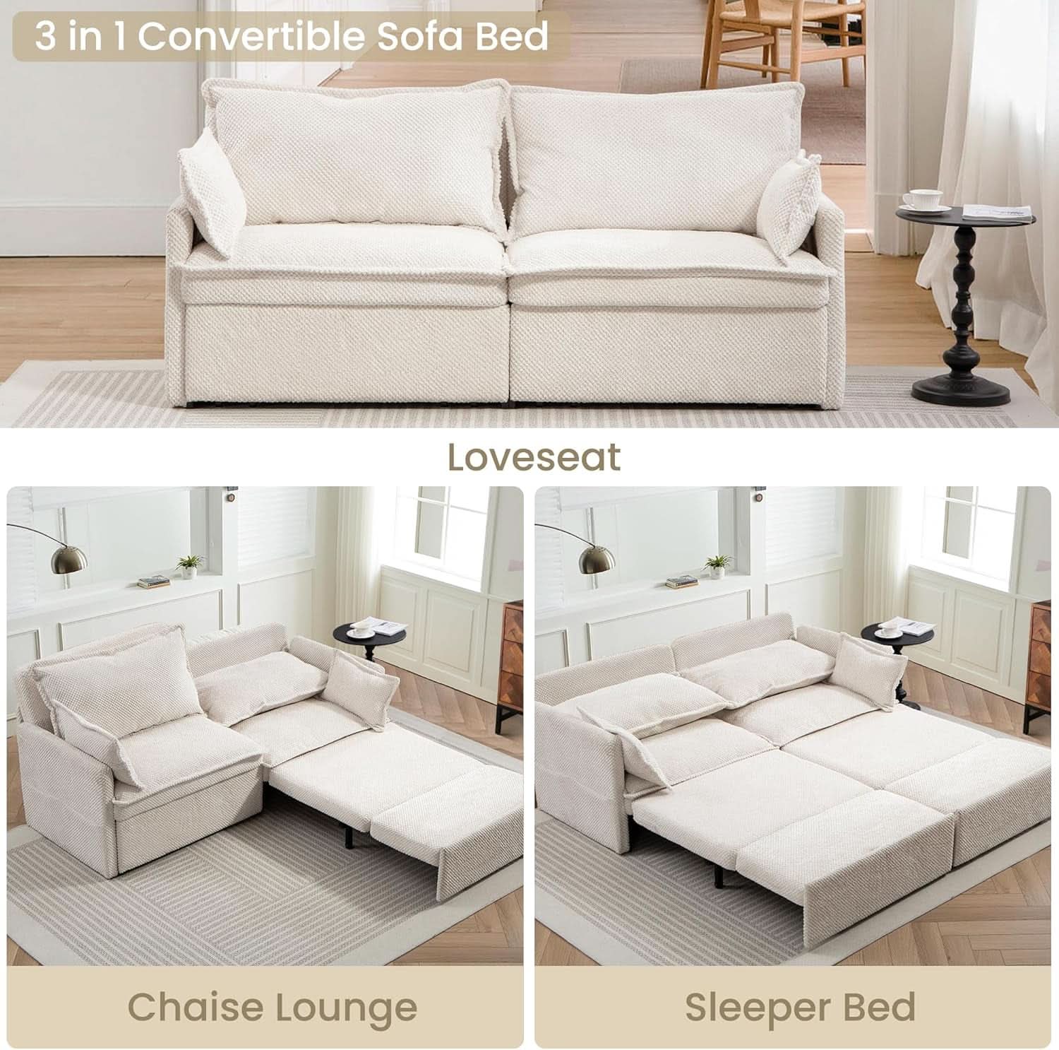Convertible King Sofa Bed with USB Charging and Pockets