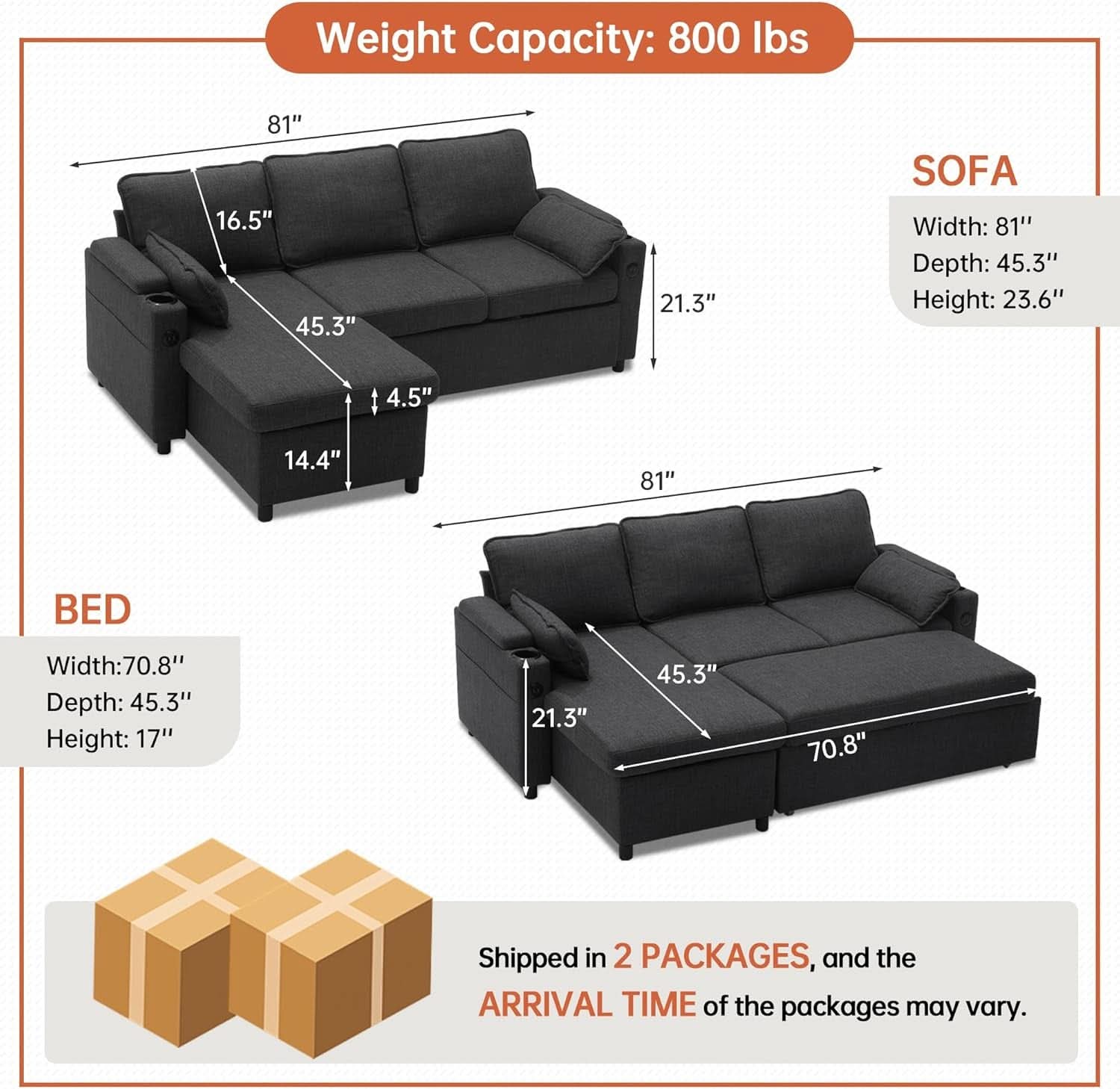 Convertible L-Shaped Sofa Bed with Storage and USB