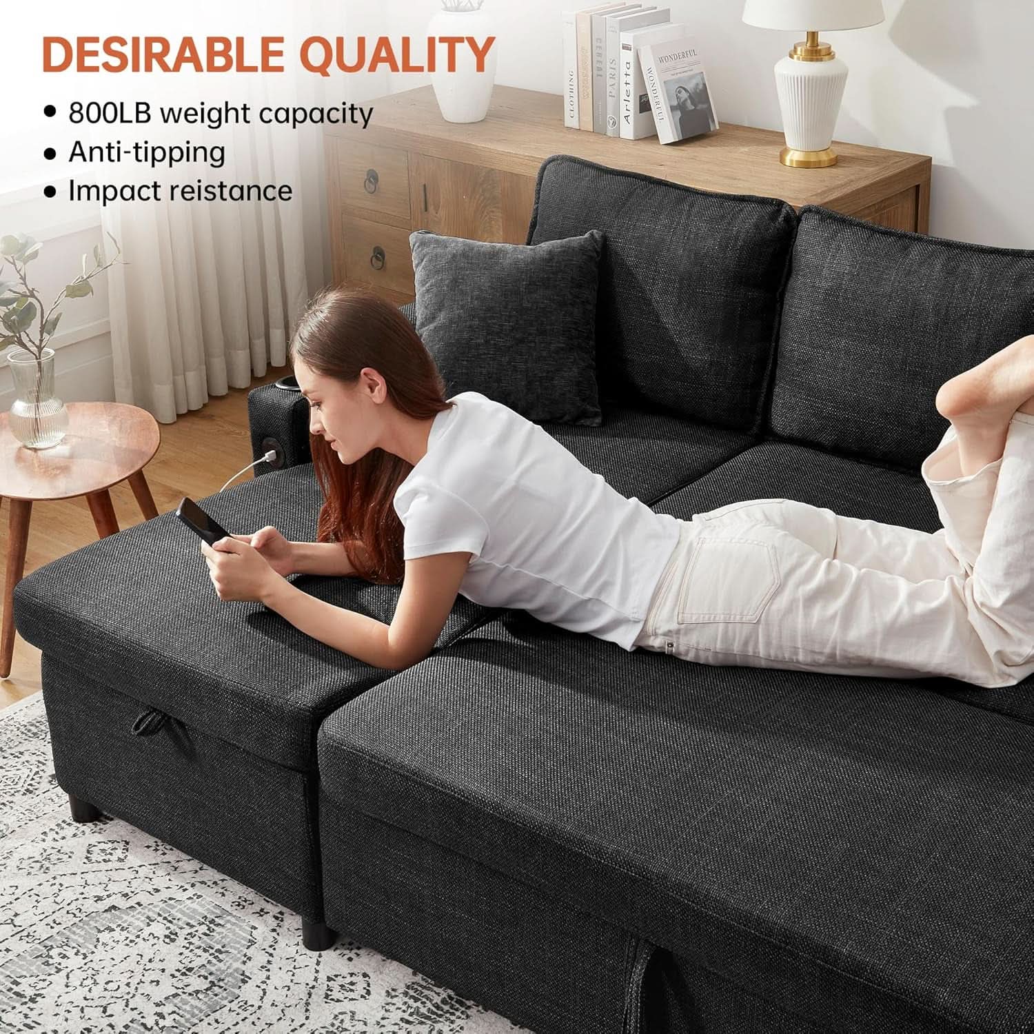 Convertible L-Shaped Sofa Bed with Storage and USB