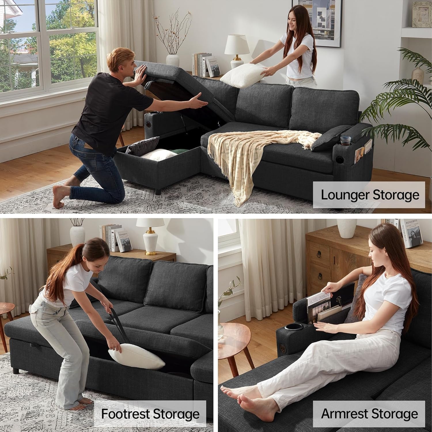 Convertible L-Shaped Sofa Bed with Storage and USB